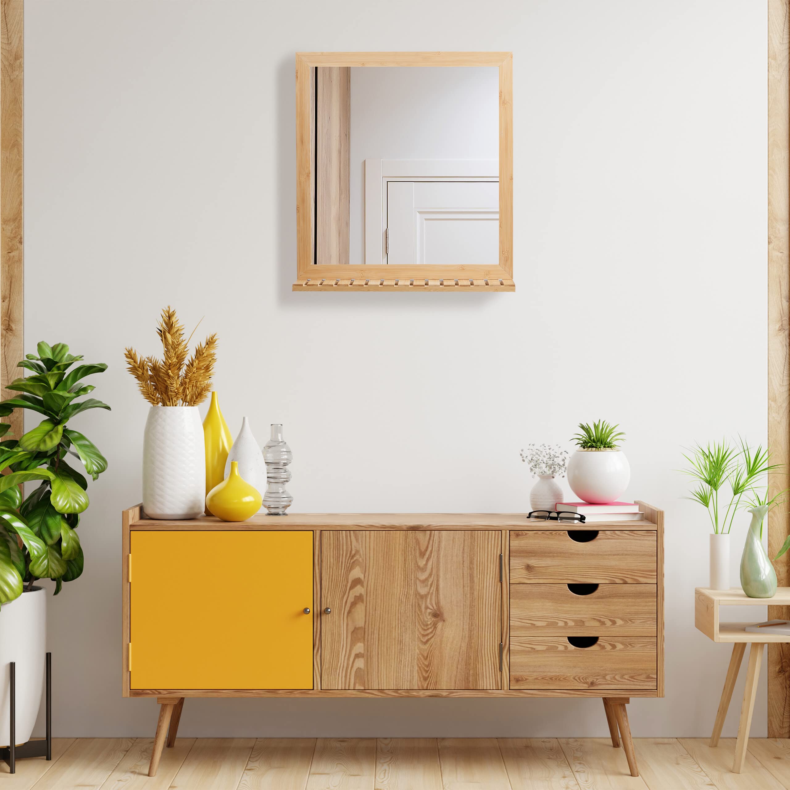 Relaxdays Specchio da Bagno con Mensola da Parete, Specchiera Quadrata con Ripiano, HLP: 61,5x60x12 cm, bambù, Naturale