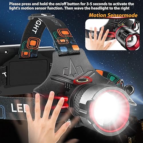 Miniatura 6 de Bud K Linterna frontal recargable, súper brillante con 5 modos, sensor de movimiento con batería incluida, faros impermeables para camping, caza,