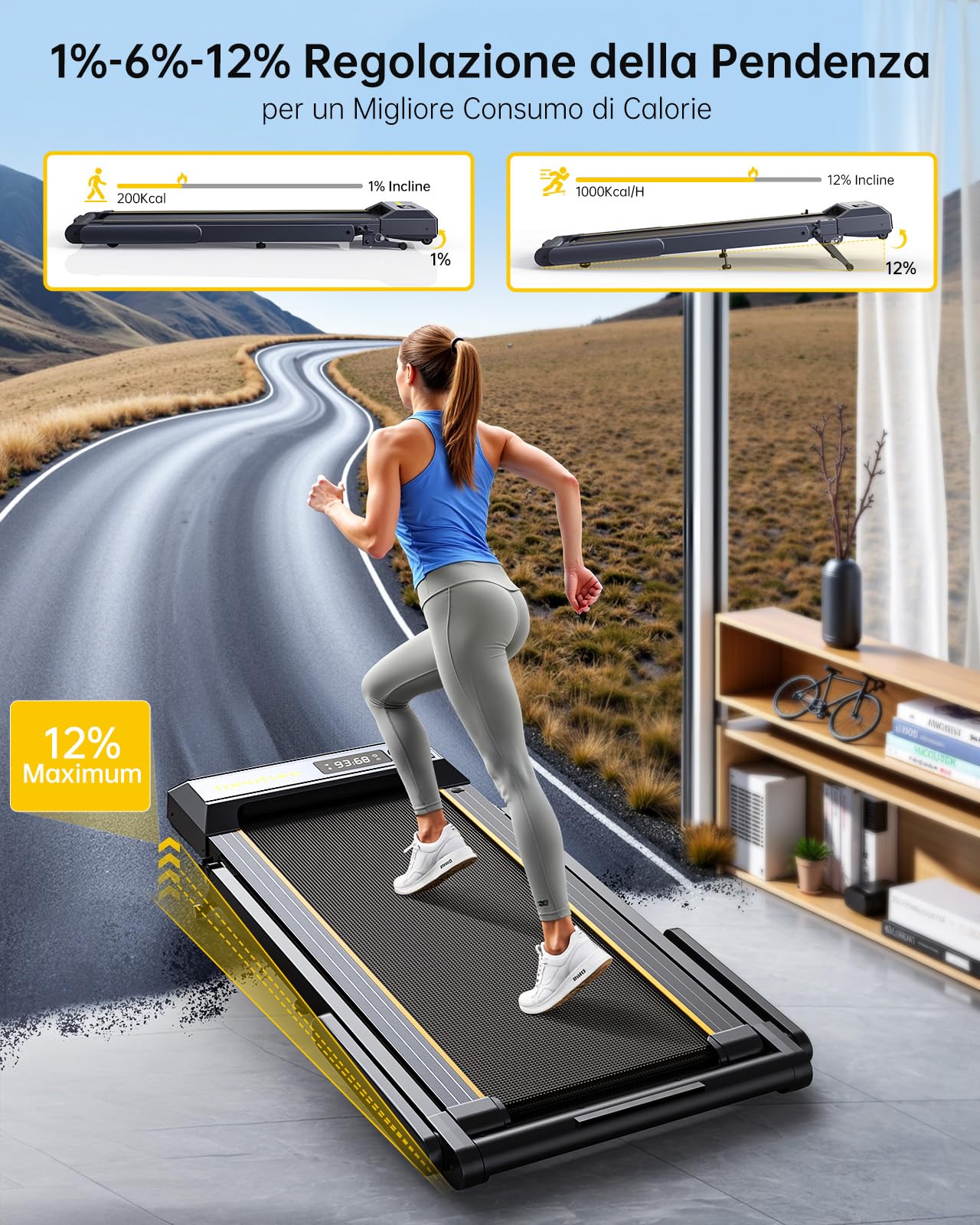 Tapis Roulant Elettrico Pieghevole 1-16km/h, Tapis Roulant con 12% Pendenza, Salvaspazio per Casa e Ufficio, Doppio Display LED, Cardiofrequenzimetro, 12 Programmi, APP e Telecomando