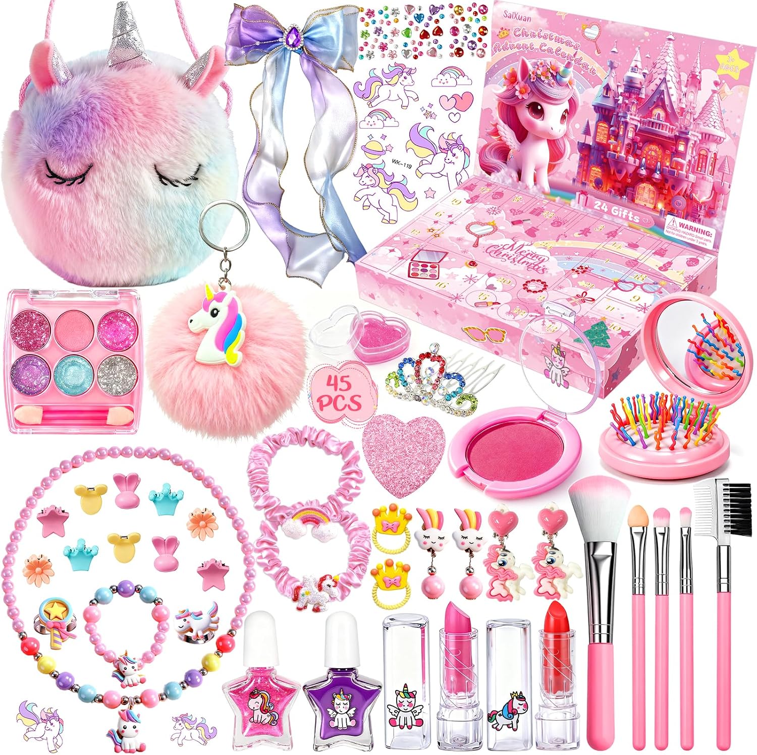 Calendrier De L'Avent Licorne 2025 – 24 Surprises Beauté Et Bijoux – Maquillage, Accessoires, Stickers – Coffret Cadeau Pour Filles – 22 X 5,3 X 31 Cm