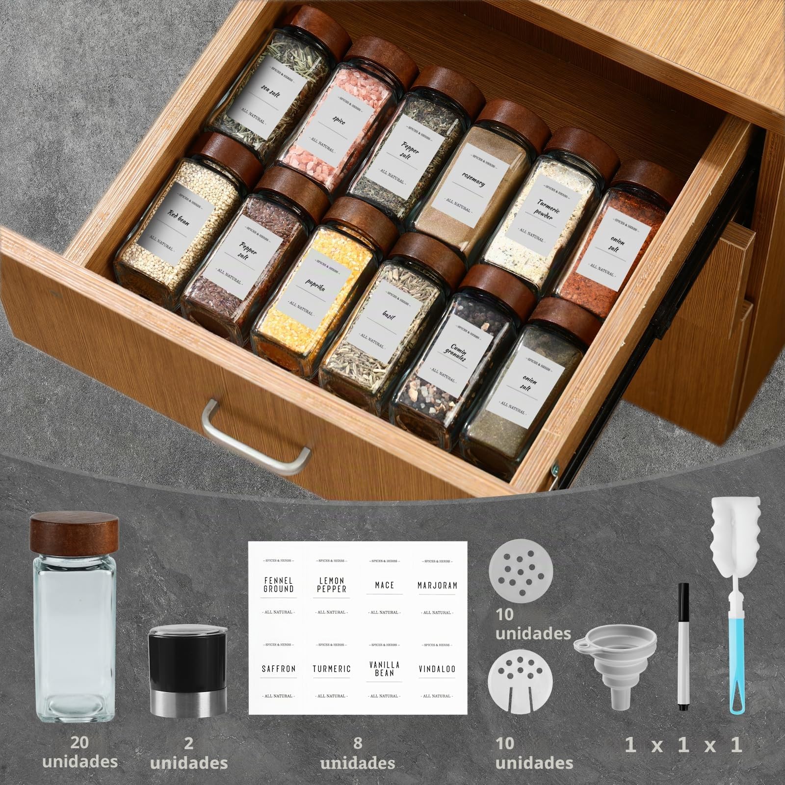 FRIBERG Juego de 20 tarros de especias cristal, con tapa de madera, 120 ml, con 2 molinillos de especias para guardar especias, botes de especias, con etiquetas para especias