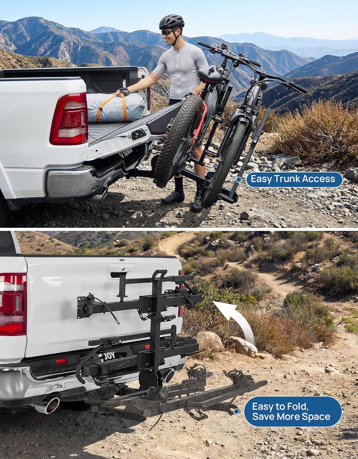 Two images: one showing the rack tilted down for trunk access with bikes loaded, and another showing the rack folded up for compact storage when not in use.