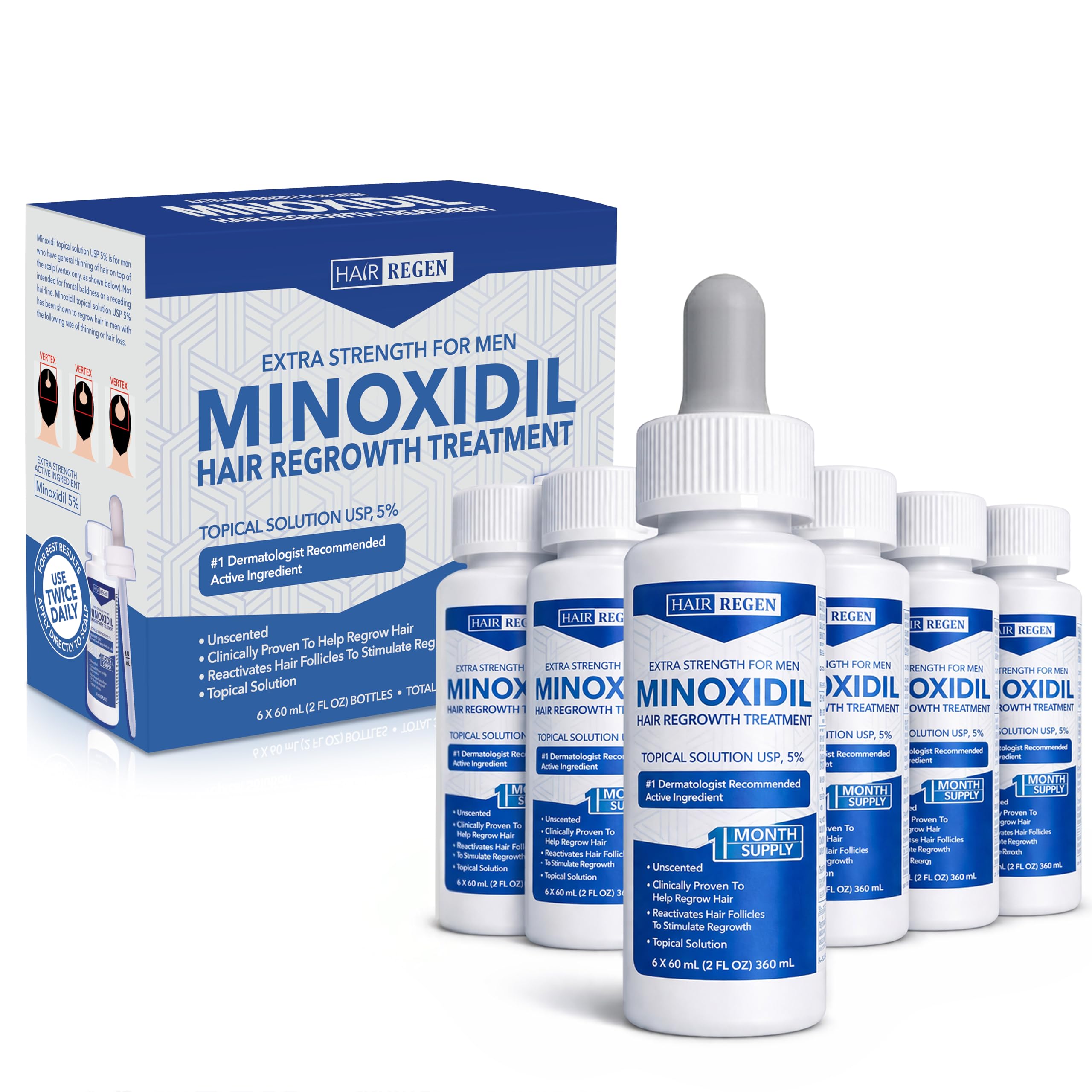 Liquid Minoxidil for Men 5% – Advanced Topical Solution for Regrowth – Growth Treatment for Men Hair Loss 6-Pack as 6-Month Supply Kit
