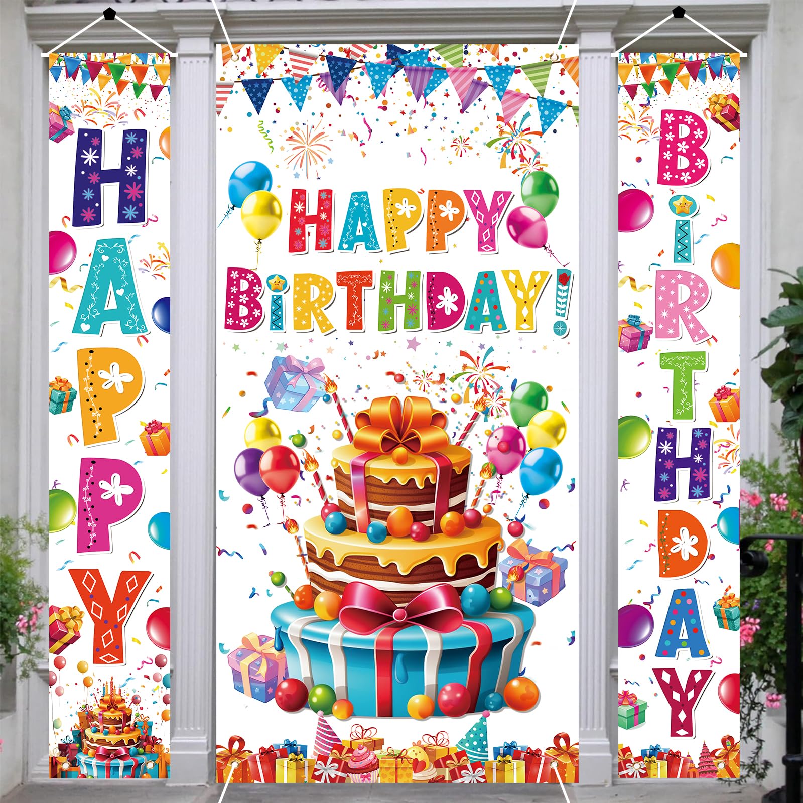 AiFaoobs 3 PCS Colorful Happy Birthday Banner Door Cover Porch Sign Photography White Background Party Supplies for Kids Boys Girls Birthday Party Supplies Indoor Outdoor Decor(white)