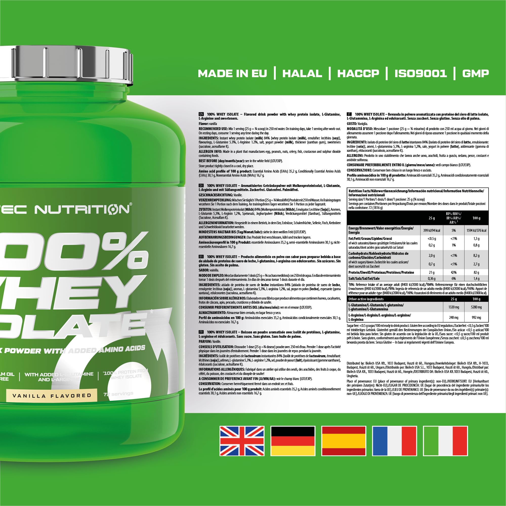 Scitec Nutrition 100% Whey Isolate - Puro Poder Proteico con BCAAs - Glutamina y Arginina - Fórmula sin Azúcar ni Gluten, 1816 g, Vainilla
