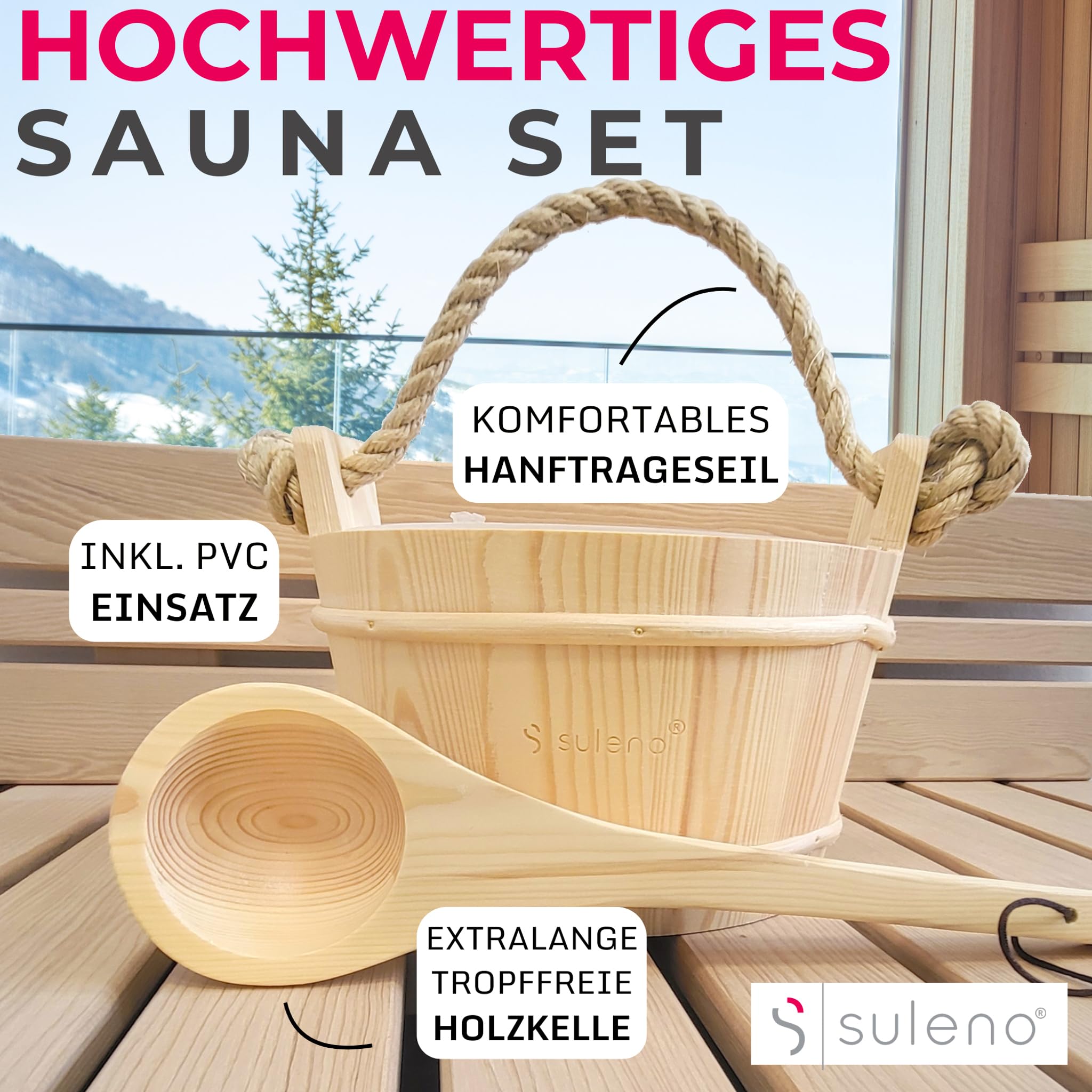 Suleno Sauna Zubehör Set - Saunaeimer mit Kelle aus Nadelholz, PVC-Einsatz, Auslaufsicher, Naturholz, Extralange & tropffreie Saunakelle, Aufgusseimer Set, Hochwertiges Sauna Set 3-teilig