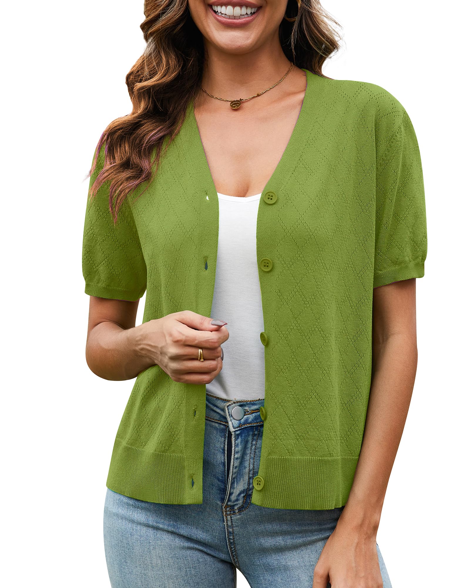 VIISHOW Short Sleeve Lightweight Summer Cardigan for Women, Button Down Open Front V Neck Crochet Knit Cropped Bolero Shrugs