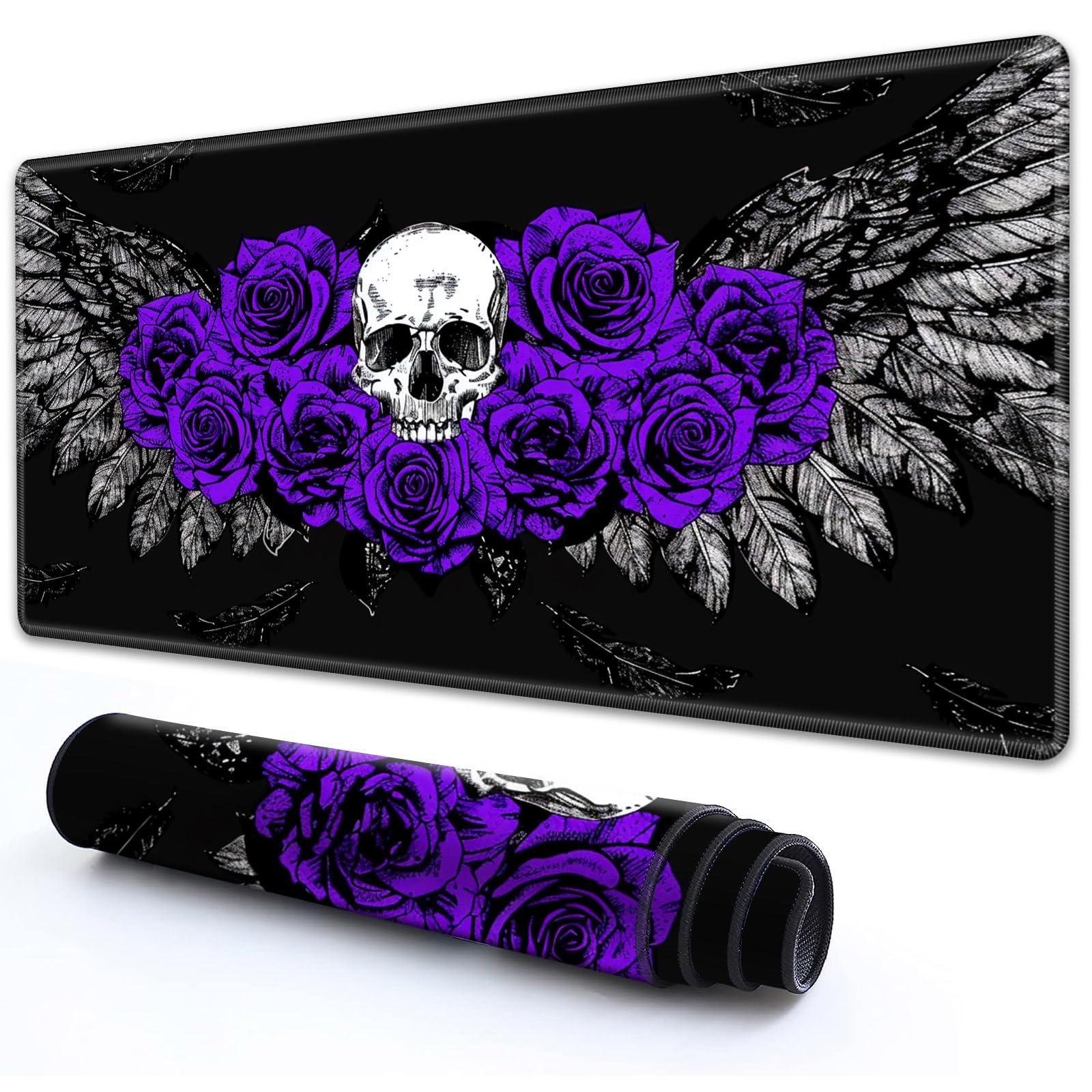 RMJKXQZG for MTG Playmat 24" x 14" with High Elastic Rubber Base Non-Slip Rubber Sole HD Printing for MTG Mat Magic Mat Card Playmat Magic Playmat Gaming Mouse Pad, Purple Roses Skull Angel Wing — image 1