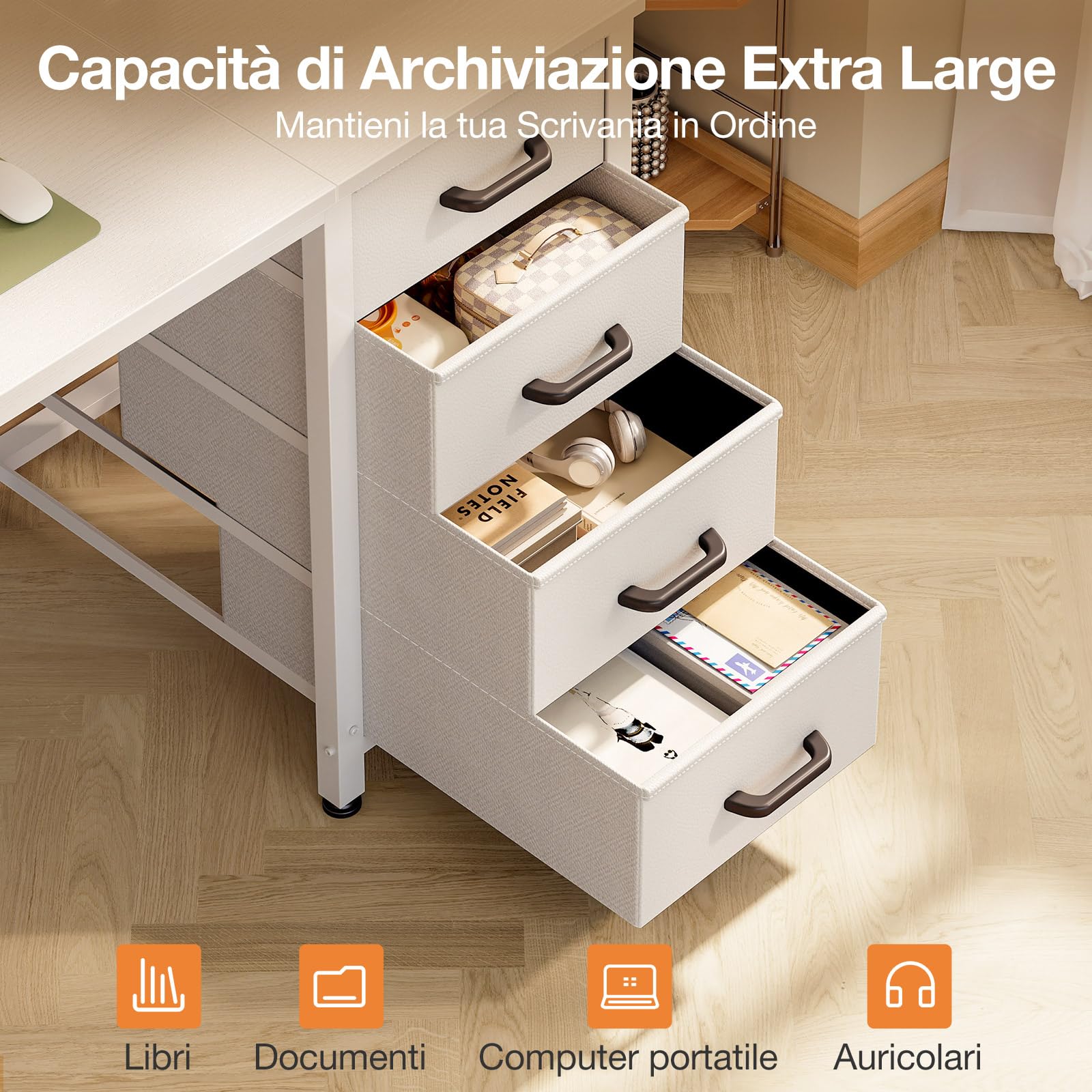 ODK Scrivania con 4 Cassetti in Tessuto, 120x48cm Tavolo per Computer con Gancio per Cuffie, Scrivania Ufficio Reversibile per Uffici e Postazioni di Lavoro, Bianco