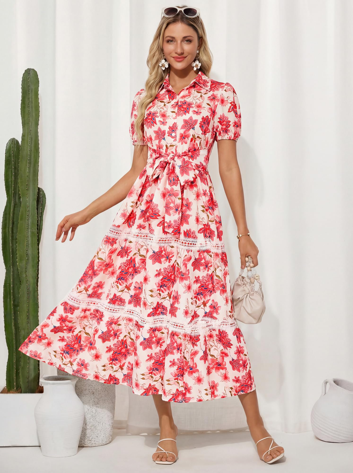 GRACE KARIN Damen Sommer Kurzarm Blumenkleid Polokragen A-Linie Kleider Boho Urlaub Maxi Blusenkleid mit Tasche