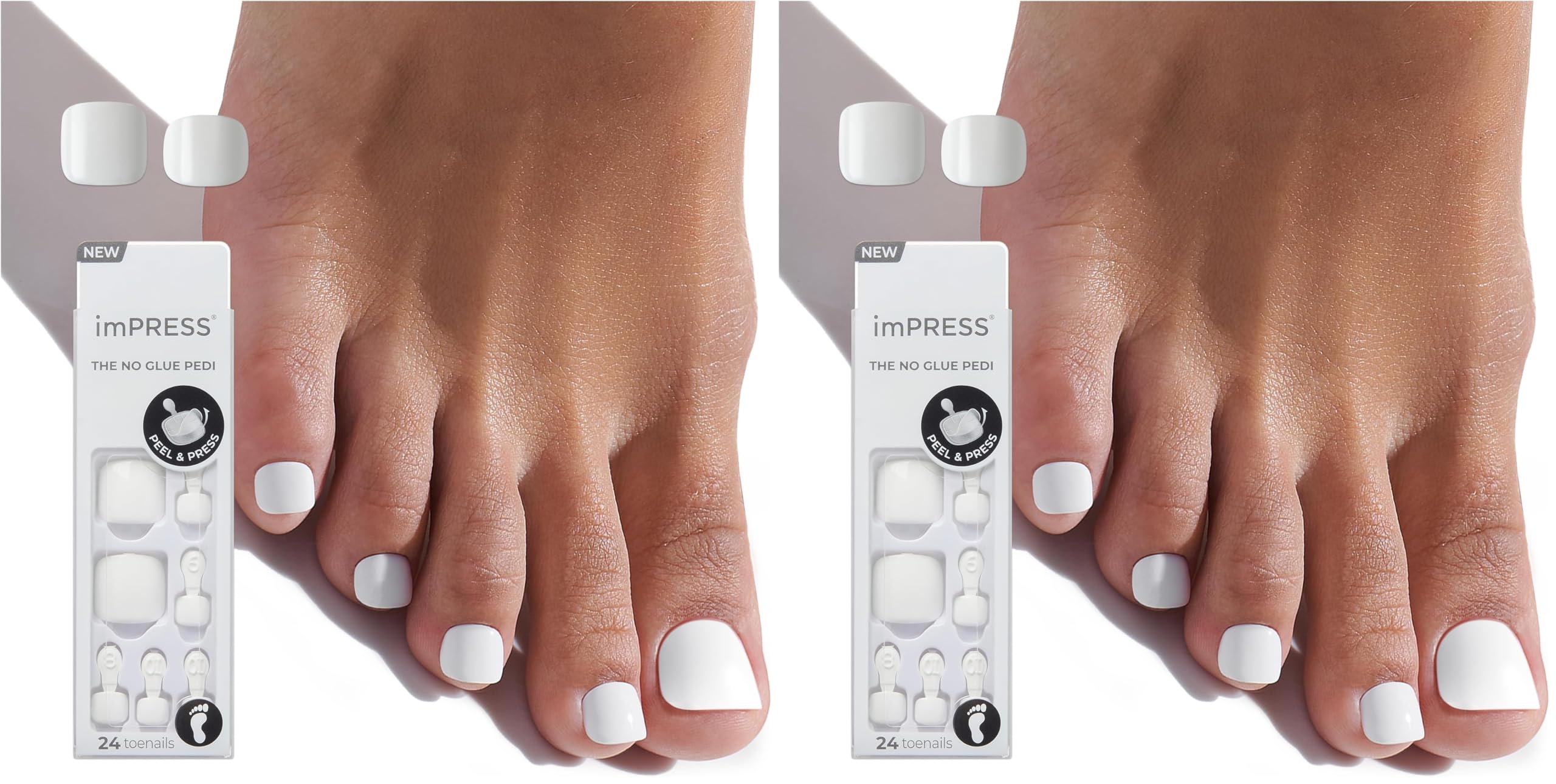 KISS imPRESS French Tip Press On Toenails, 'Blanc Chic', White, Short Squoval, Pedicure Nail Kit Includes 24 Press On Toenails, Prep Pad, Mini Nail File, & Pedicure Stick: Short (Pack of 2) Angel Vibes