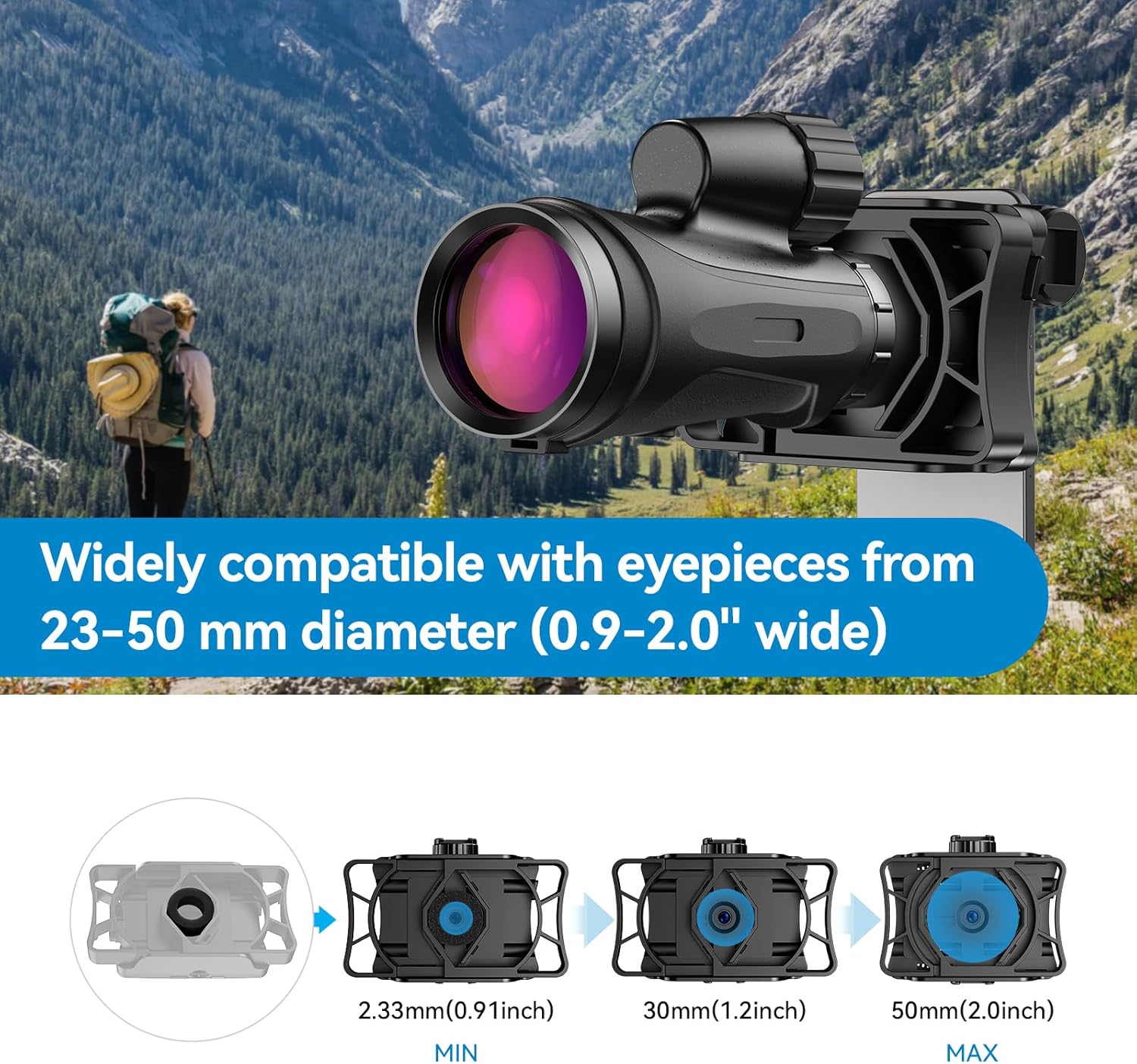 Image showing eyepiece diameter compatibility from 23mm to 50mm