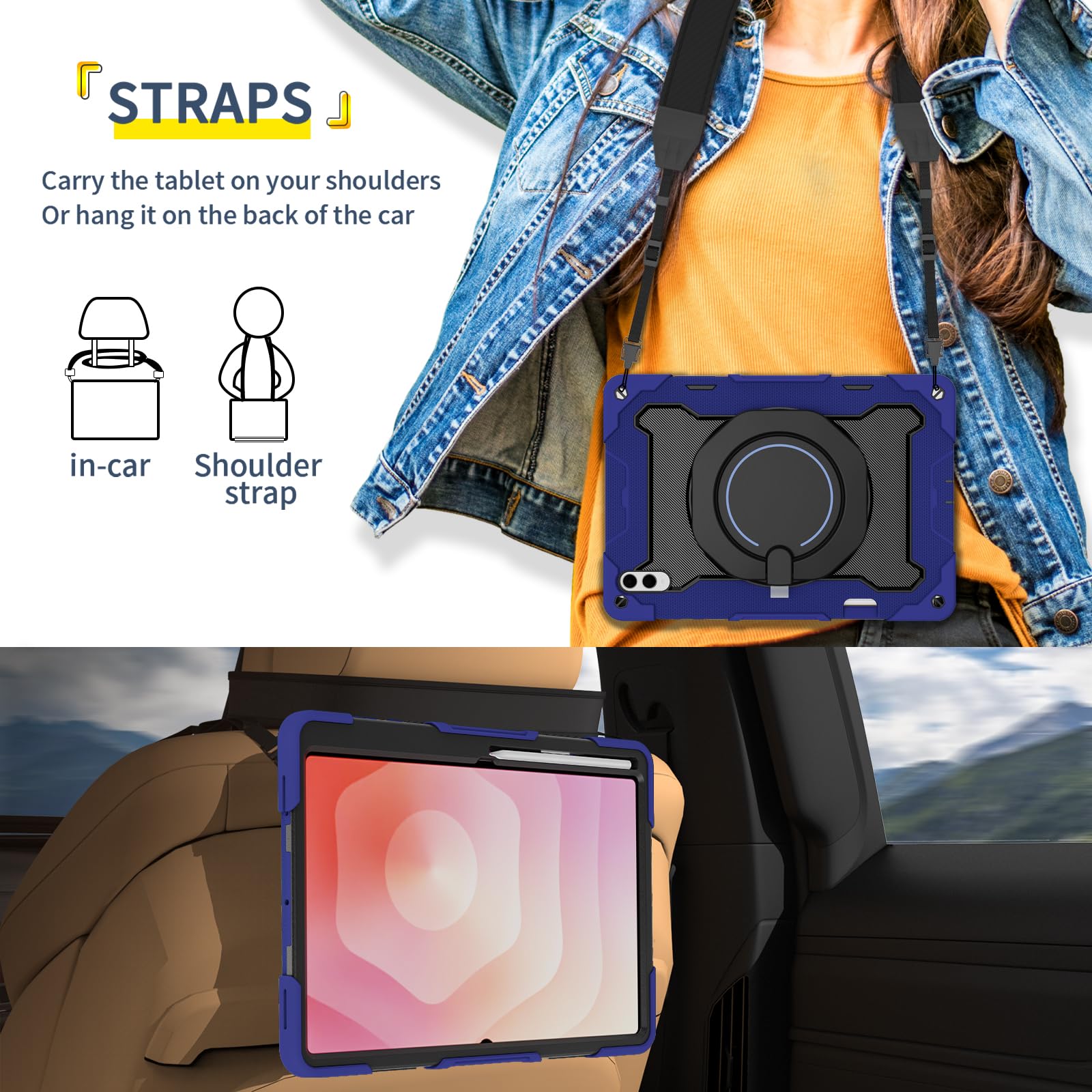 Compatibile con Samsung Galaxy Tab S11 Ultra 5G 14,6 pollici 2025 Custodia SM-X930/X936B con portamatite, custodia antiurto, custodia protettiva resistente con supporto girevole a 360° + tracolla (blu
