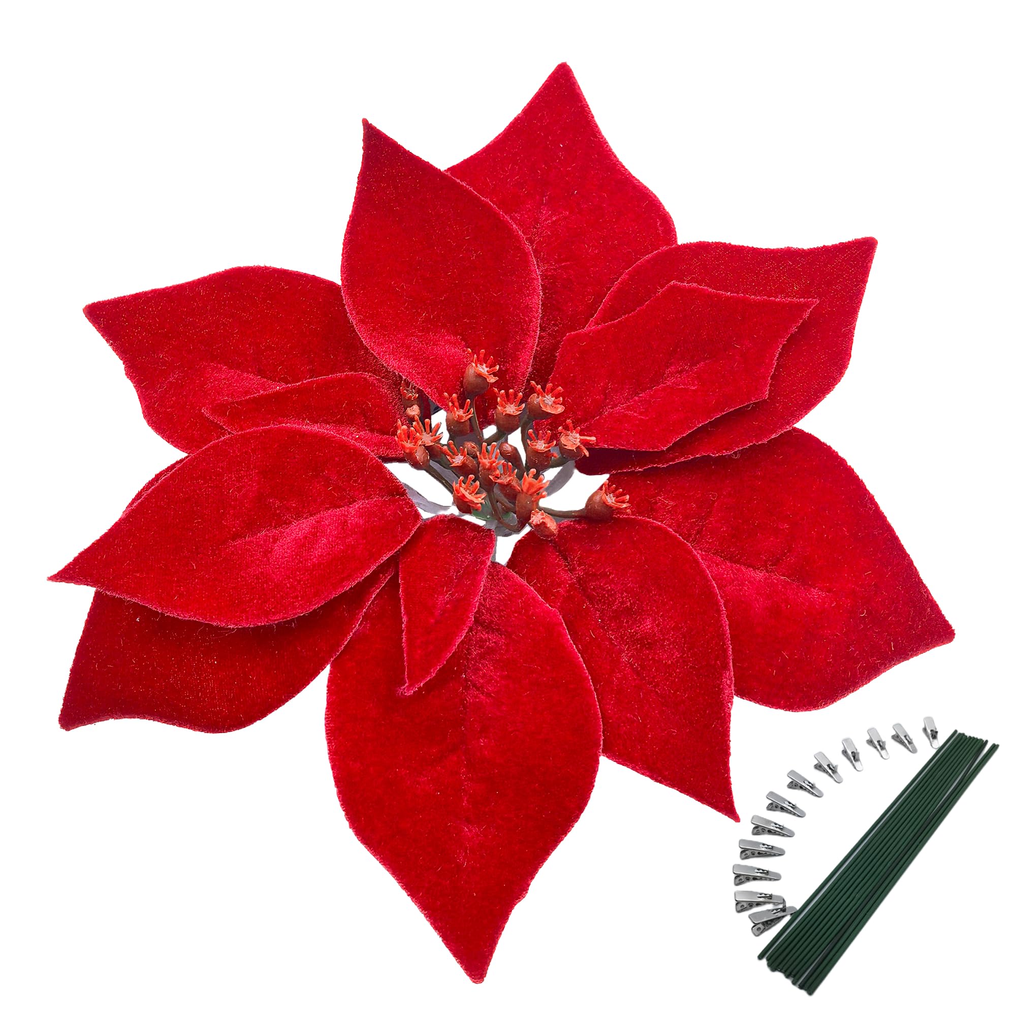 M2cbridge Artificial Christmas Flowers Red Velvet Poinsettia Floral Picks for Christmas Wreath Tree Ornaments(12PCS Thick Red Velvet)
