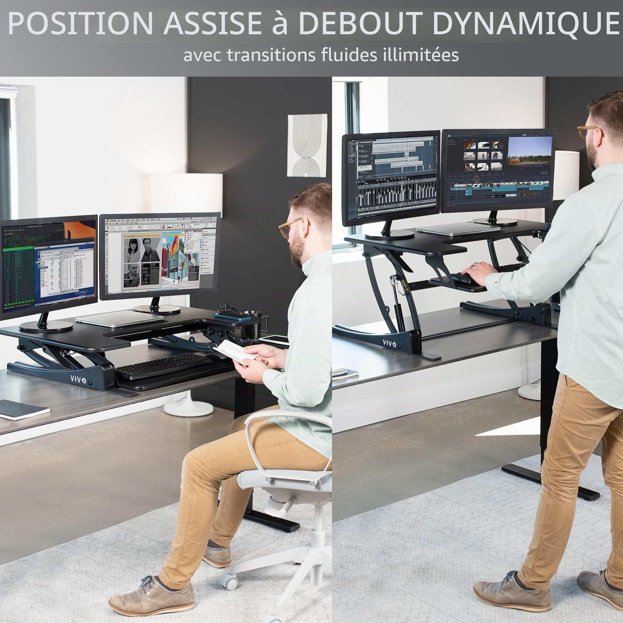 VIVO DESK-V000V Convertisseur de bureau debout réglable en hauteur 91 cm, série V, support de table à double écran, noir