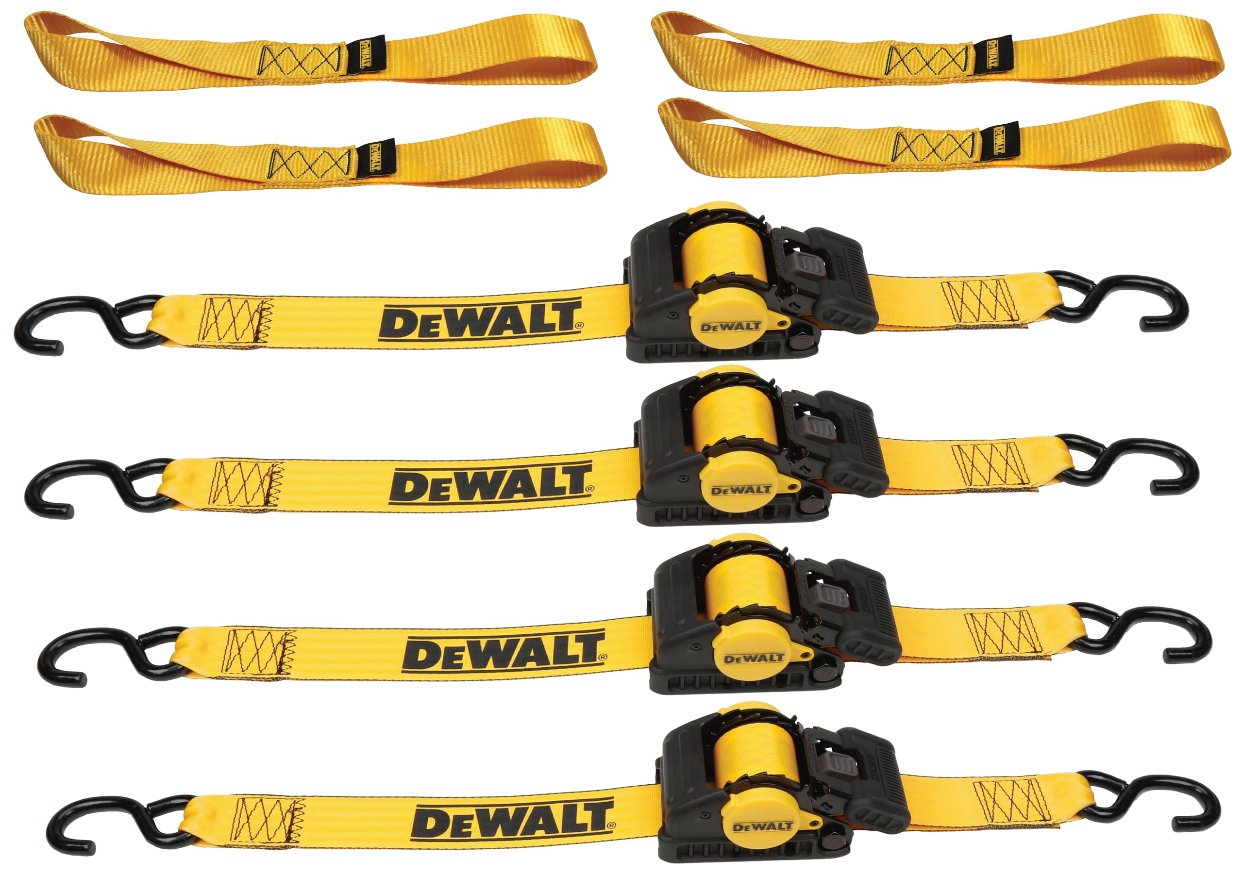 DEWALT DXBC9002-2X 8-Piece Kit with 2” x 10’ Auto Retractable Ratchet Straps (3,300 lb Break Strength) and 1.7" x 18" Premium Soft Loops (11,000 lb