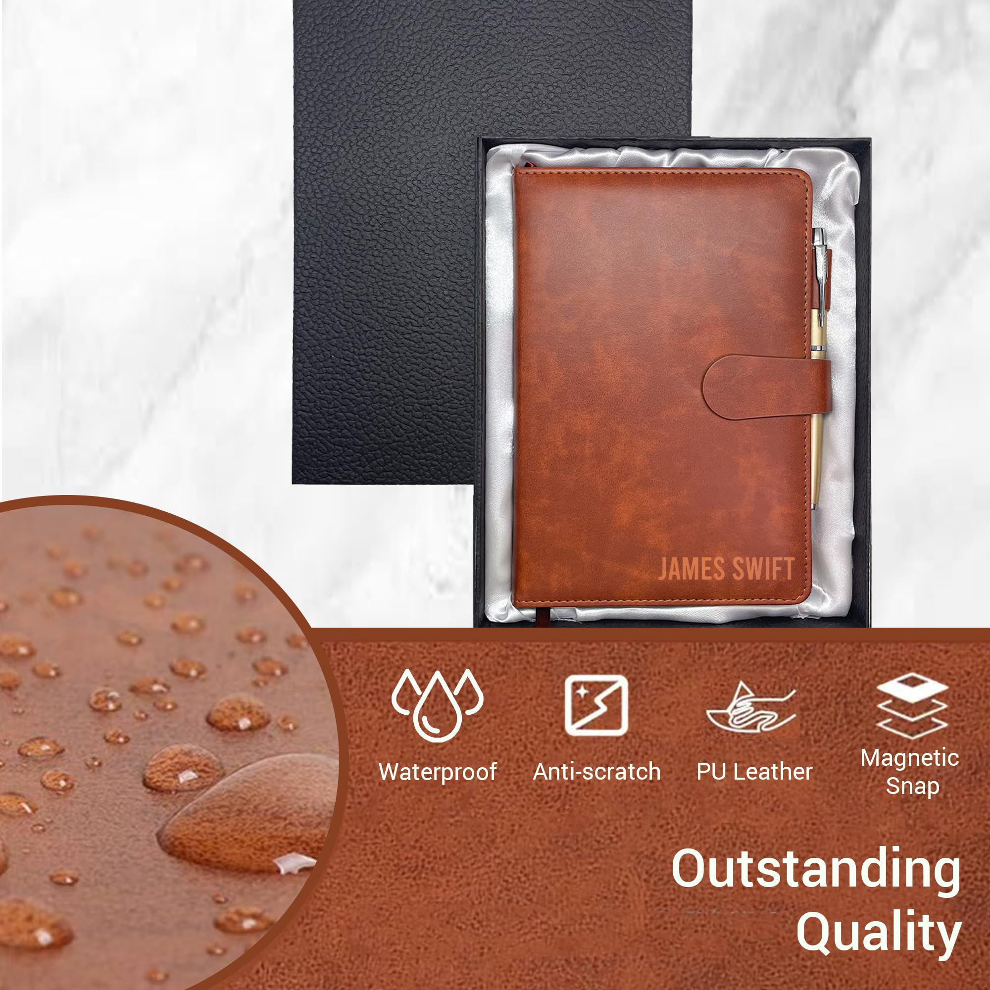 Personalized Notebook with Pen and Gift Box, Custom Text Leather Journal, Gifts for Women Men, Engraved Journals To Write In, Birthday, Best Friend, Mom, Sister, Corporate, Business Gift (Text-Brown)