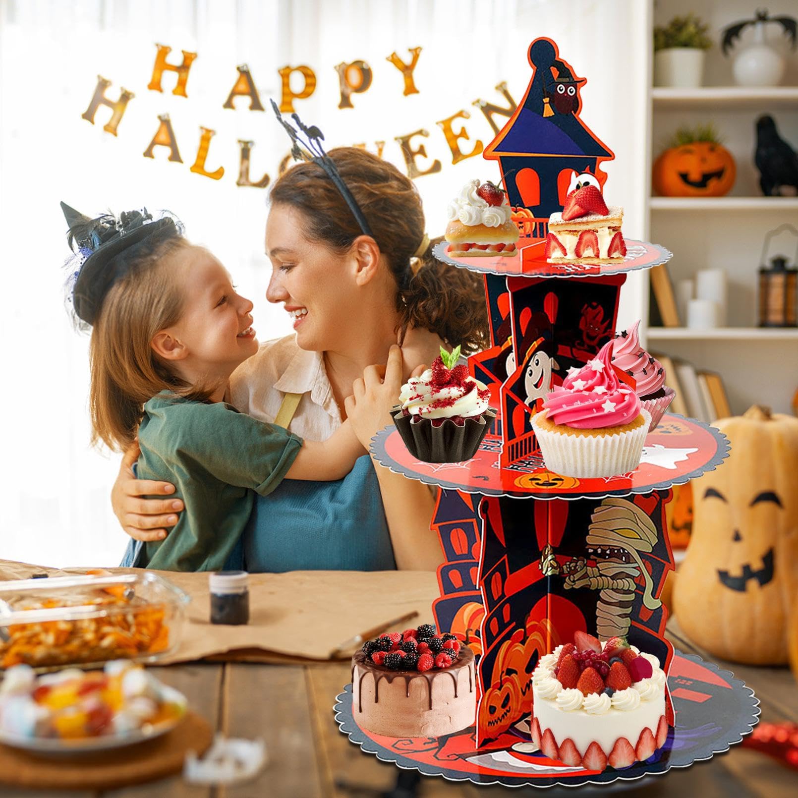 3-Tier Halloween Cupcake Stand - Ghost & Pumpkin Theme Cardboard Dessert Tower, Holds 25+ Cupcakes, 18" Tall - View #2