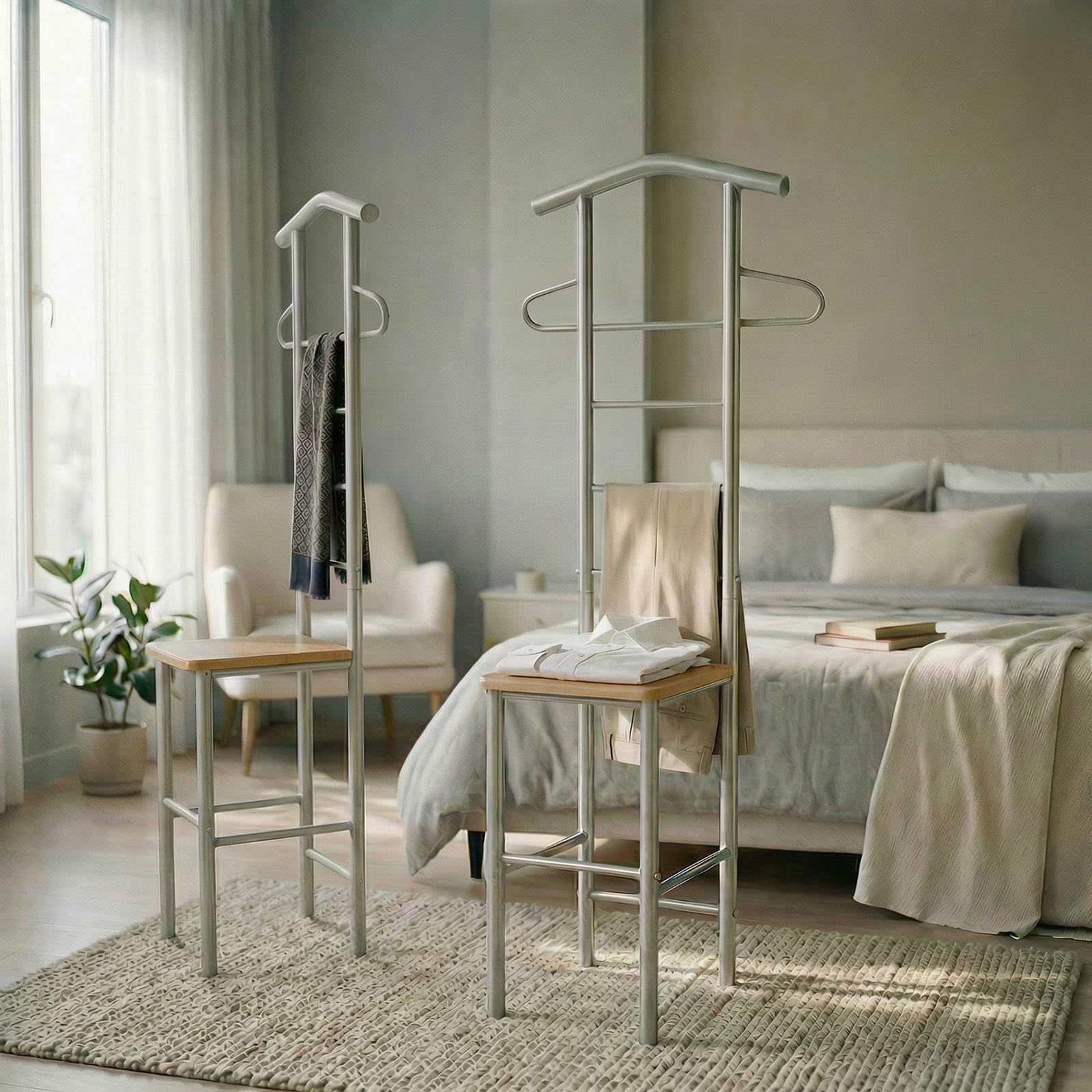 IDIMEX Lot de 2 valets de Chambre JIVO chevalets de Nuit portants pour vêtements, Structure en métal argenté avec Tablette en MDF Couleur hêtre