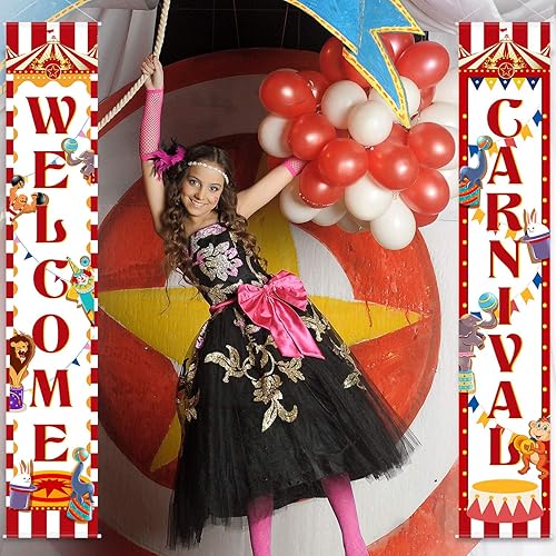 Miniatura 3 de Blulu 2 piezas de decoración de carnaval para porche, pancarta de bienvenida al circo para puerta de Halloween, carnaval, decoración colgante,