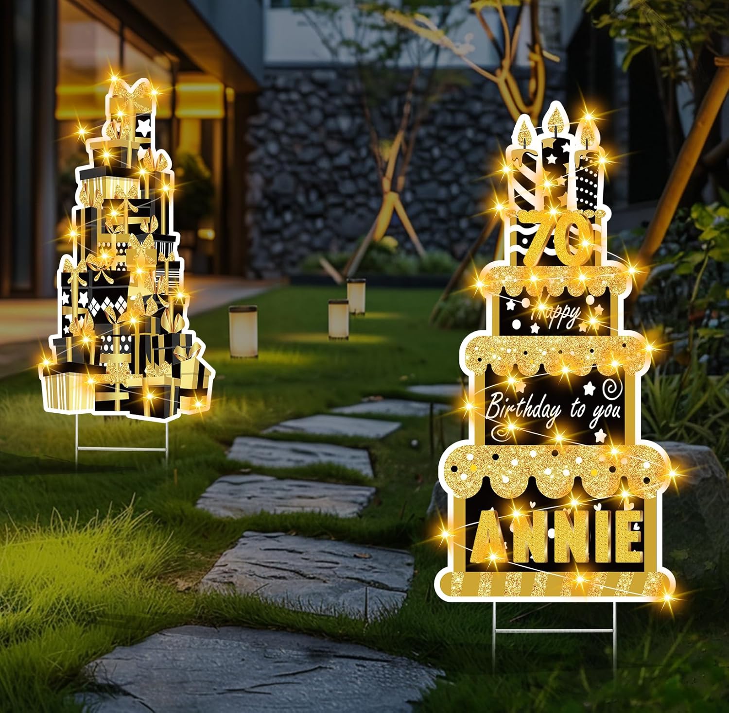 Happy Birthday Yard Sign with Stakes for Decor LED Lights Black Gold Lawn Sign 27.6" Large Personalized Signs with Number Letter Stickers for Celebrations Party Decoration