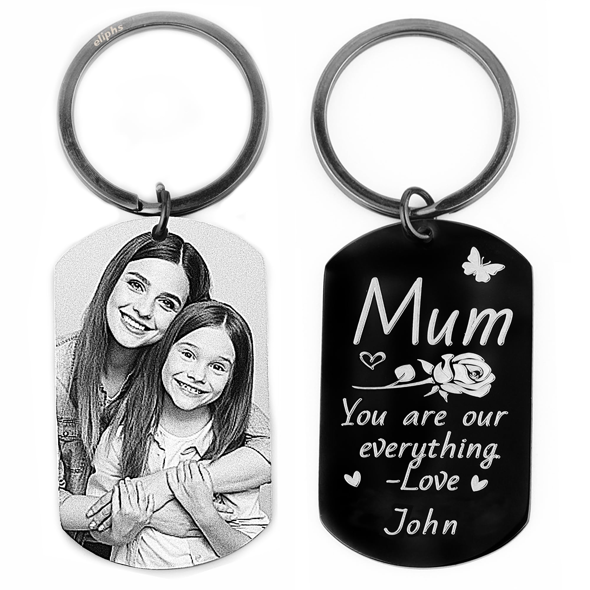 Eliphs Unisex Picture Engraved (Mom&Dad) Personalised Photo Engraved Keyring, Custom Keychain For Dad, Mum, Grandparents, Picture Engraved Text Engraved Chrome Keyring For Birthday, Anniversary, Graduation, Mother's Day Keepsake Gift