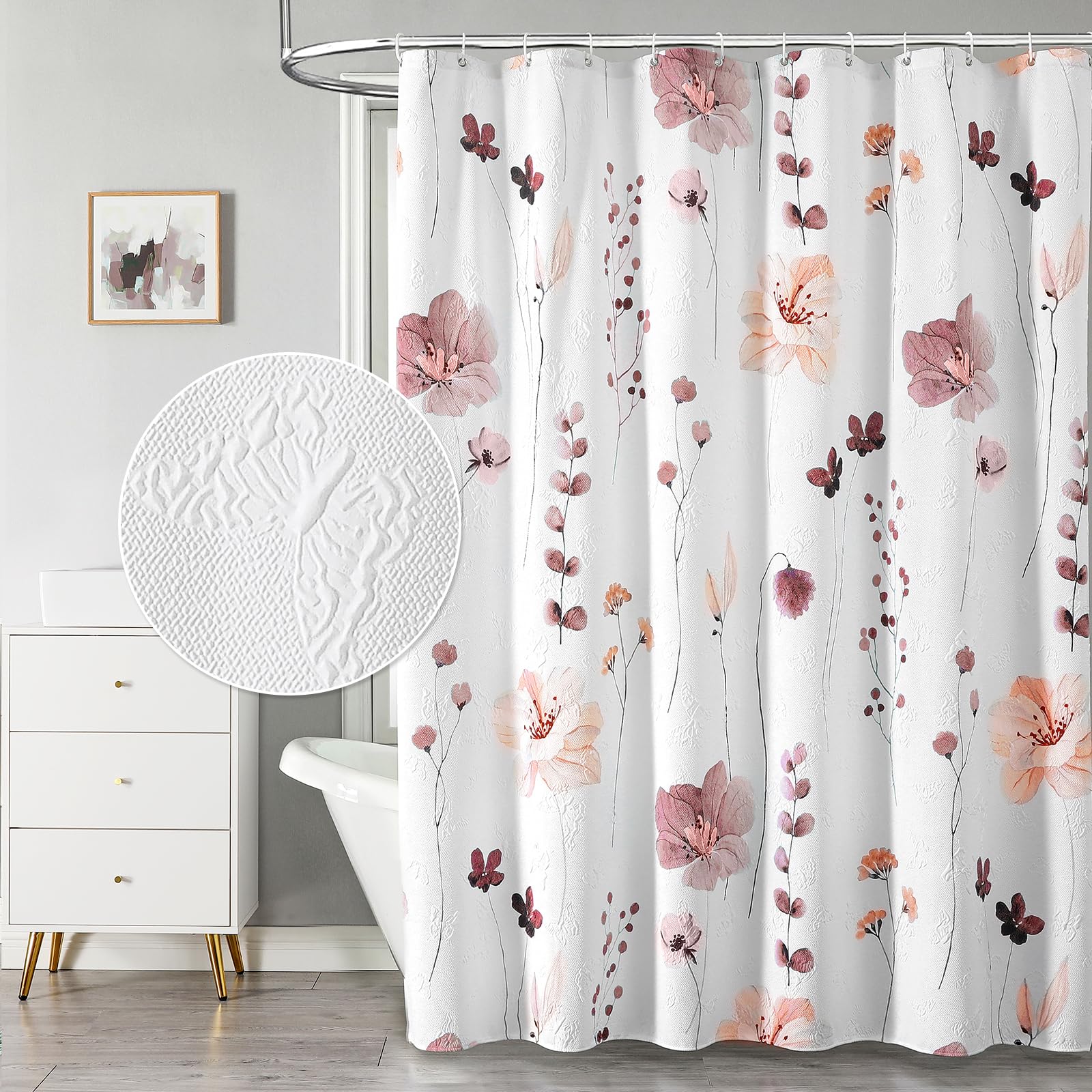 QiyI Extra Long Shower Curtain 72 x 84, Modern Watercolor Floral Shower Curtain, 3D Embossed Texture Pink Brown Flower Cloth Bathroom Curtain,