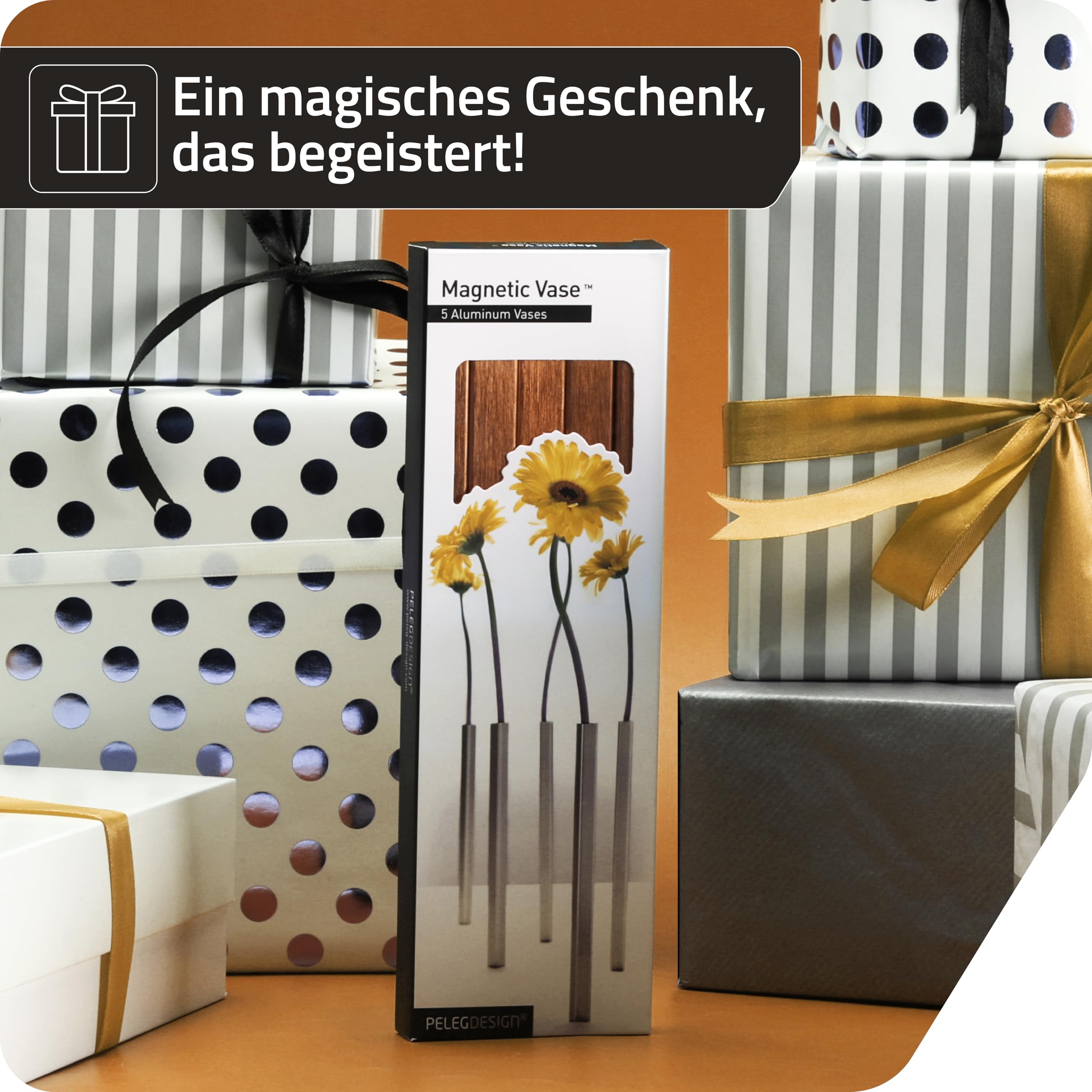 PELEG DESIGN Magnetische Blumenvase – Mini Vasen für Tischdeko | Set mit 5 kleinen Silbervasen aus Aluminium – Vasen Set für Wohn- und Gartendekoration, für echte und künstliche Blumen (Gold)