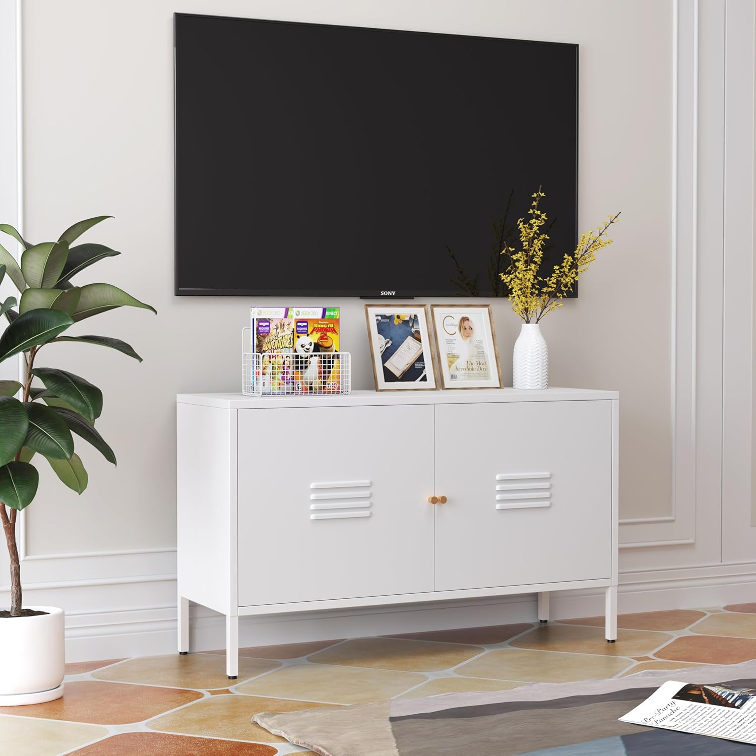 White TV Stands for Living Room，Under TV Cabinet with Storage，Metal Accent Cabinet with Doors for Bedroom,White