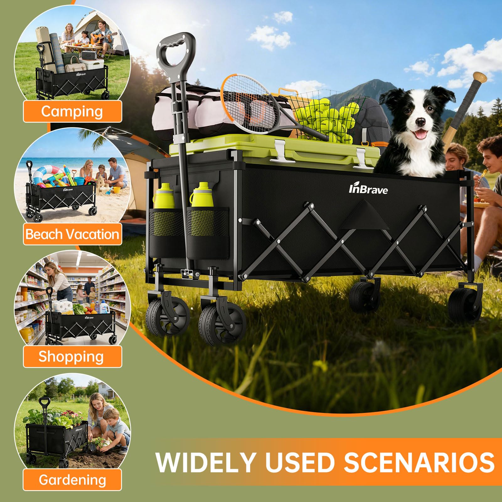 Close-up view of the InBrave Extra Long Folding Wagon's robust, wide all-terrain wheels.