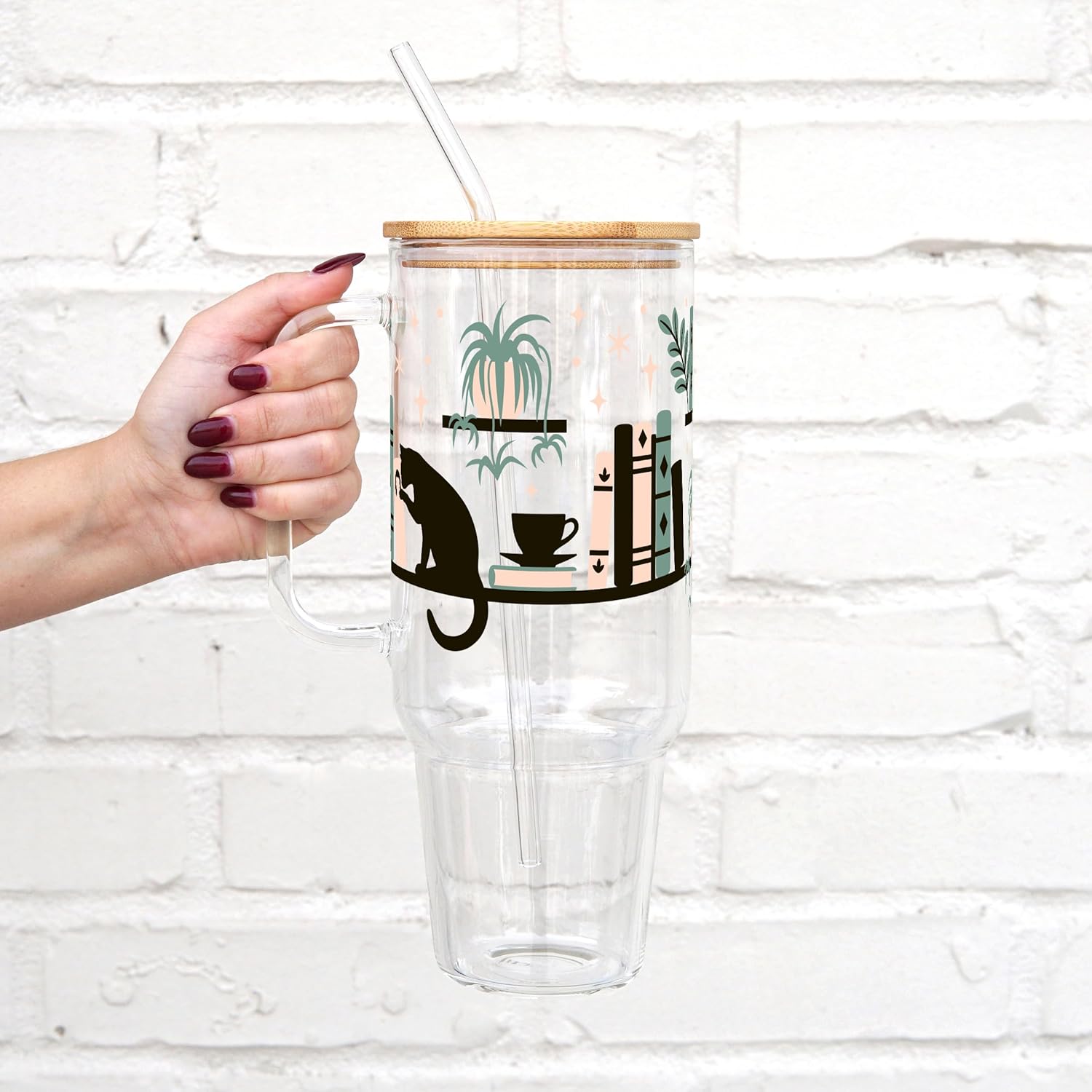 Sip-Sip Hooray! Boho Bookshelf 40oz Glass Tumbler with Lid and Straw, Book Lover Gift for Reader, Booktok Aesthetic Iced Coffee Cup