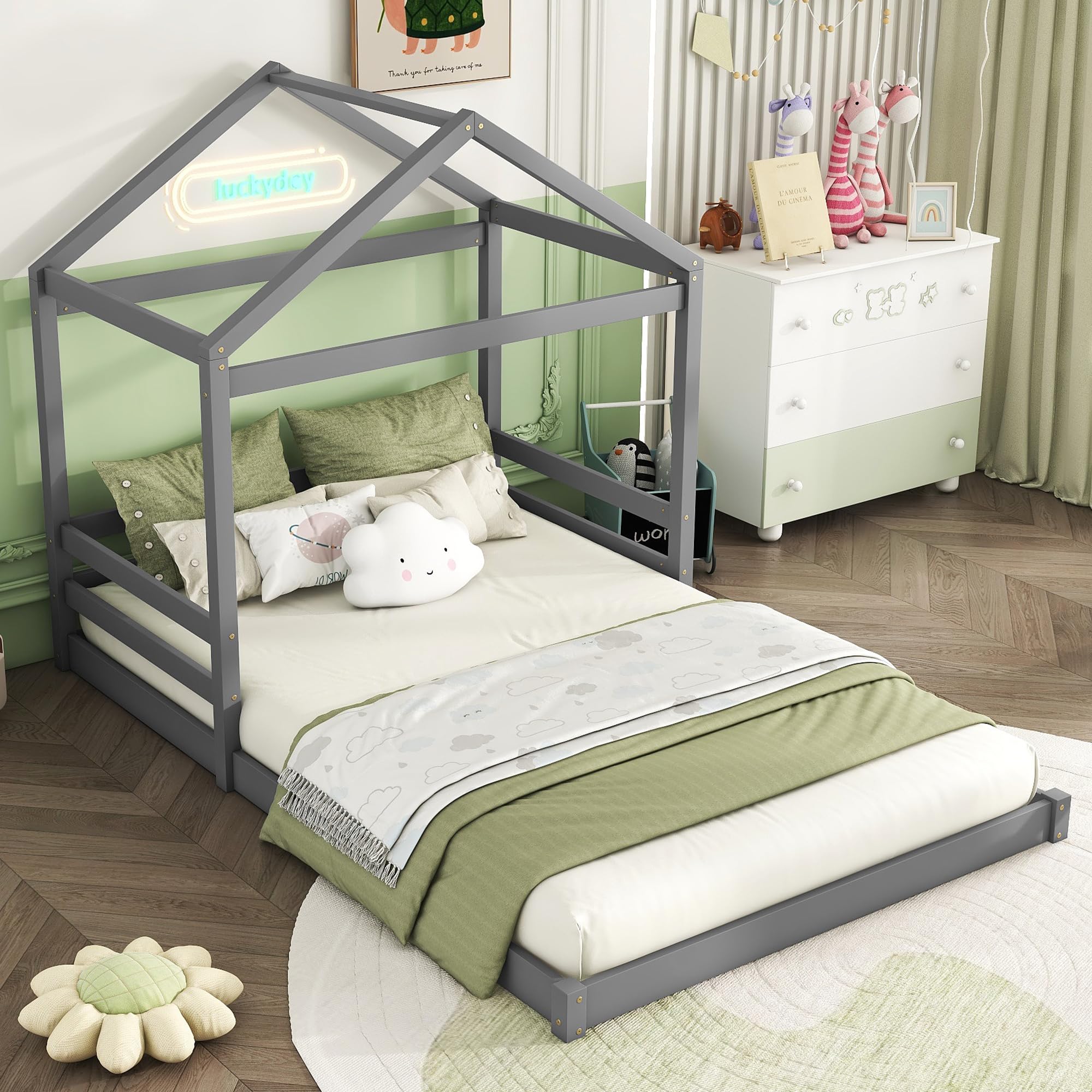 Kinderbett 140x200 cm, Bodenbett mit Hausform, Bettgestell mit Lattenrost | Ohne Matratze, Holzbett Bett für Kinder Jugendliche Kiefernholz+MDF Grau