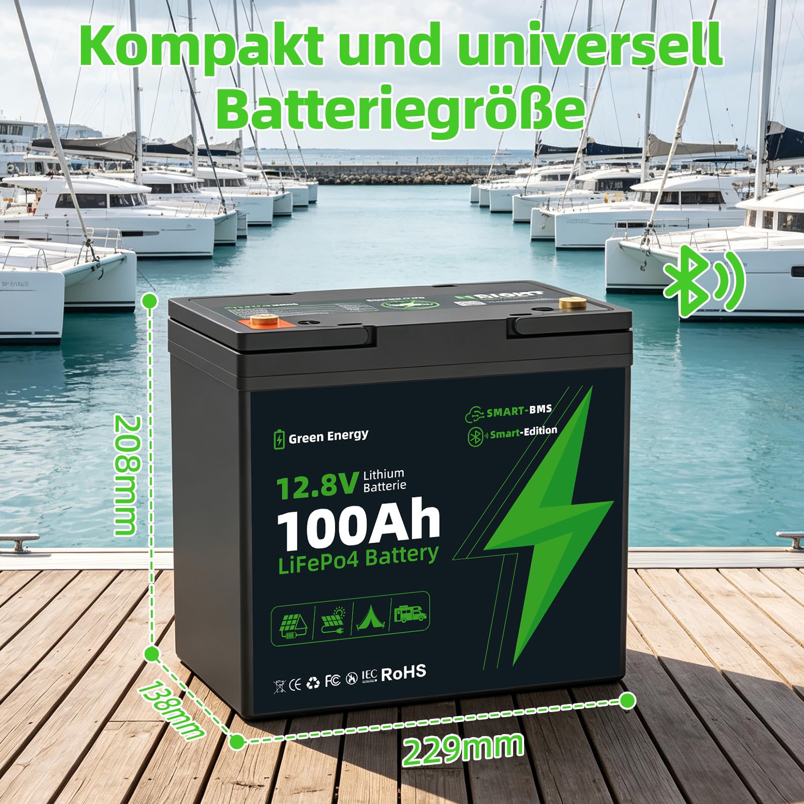 100Ah LiFePO4 Bluetooth, BMS Niedrigtemperaturschutz 15000 Ladezyklen, 12V 1280Wh Wohnmobile, Boote Solarmodule und Netzunabhängiges System