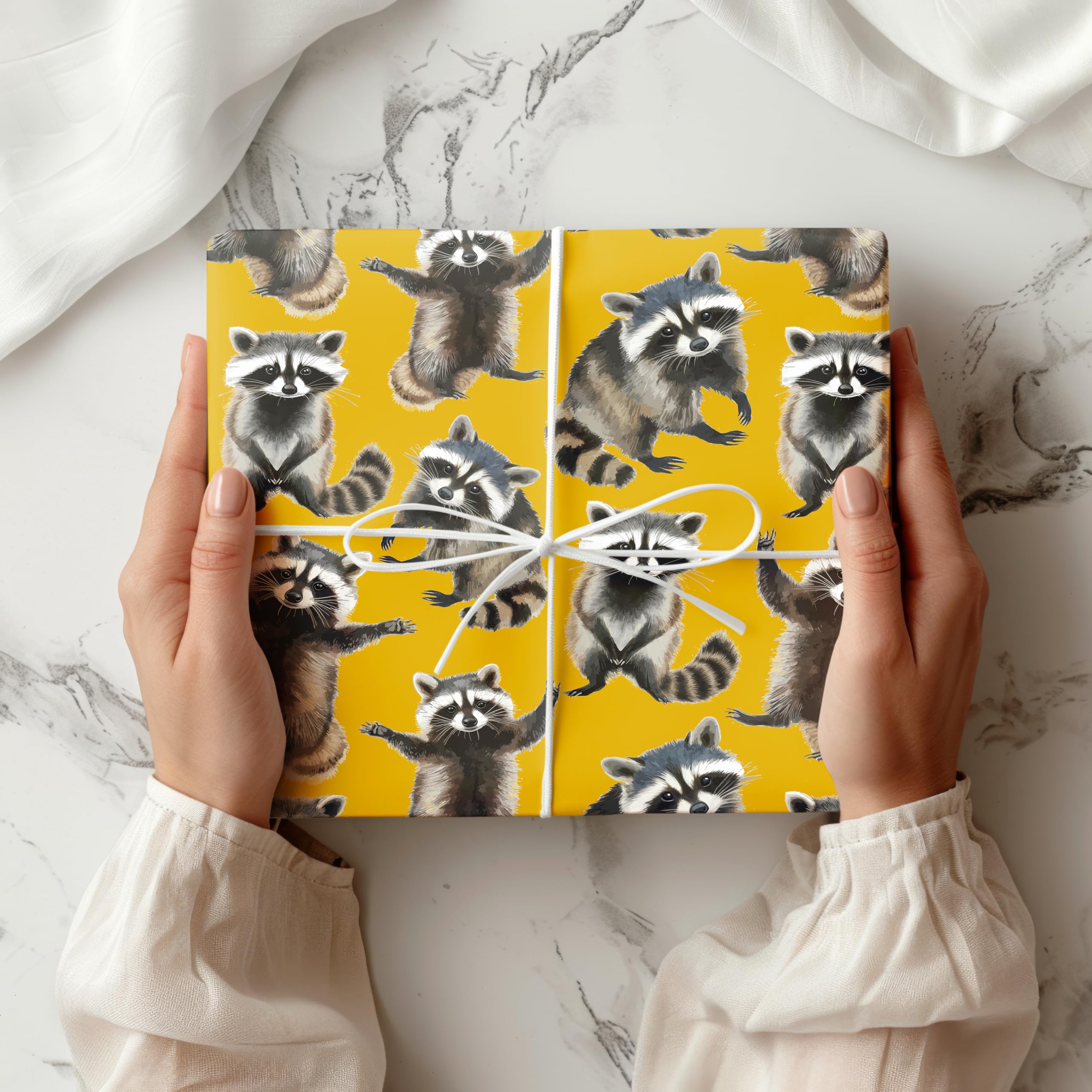 Cute Raccoon Wrapping Paper – Playful Woodland Animal Gift Wrap Sheet with Watercolour Style Raccoons – Birthday or Kids Gift Wrap – W68 (Mustard, Large - 58 x 85cm / 22.8" x 33.4" inches)