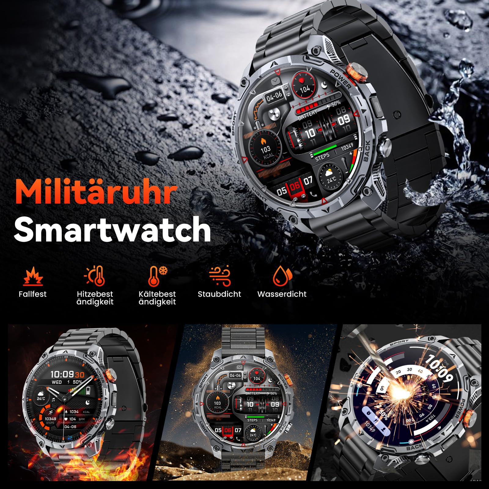Militär Smartwatch Herren, mit1000-mAh-Akku/2 Armbändern/1,75" HD Großes Display Sportuhr/110+ Sportmodi Fitnessuhr/LED Taschenlampen/24/7Herzfrequenz/Schlafmonitor/IP68 Wasserdicht für iOS Android