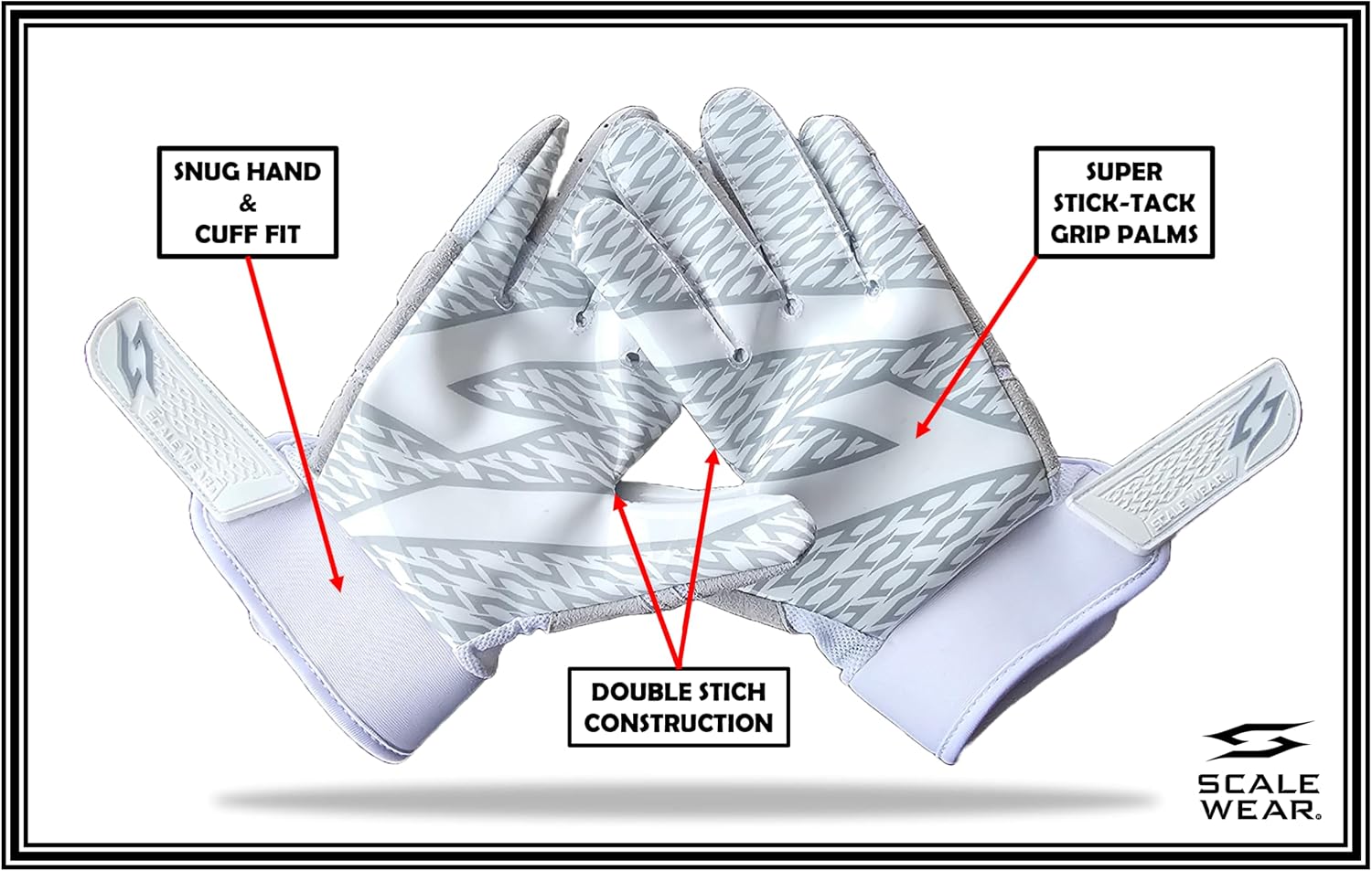 Stealth Padded Football Receiver Gloves - White, Battle College Lineman, Be a Villain Not a Joker with Padded Stealth Football Gloves with Tacky Grip Palms, Youth, Kids, Men, Boys, Small to XXL Sizes