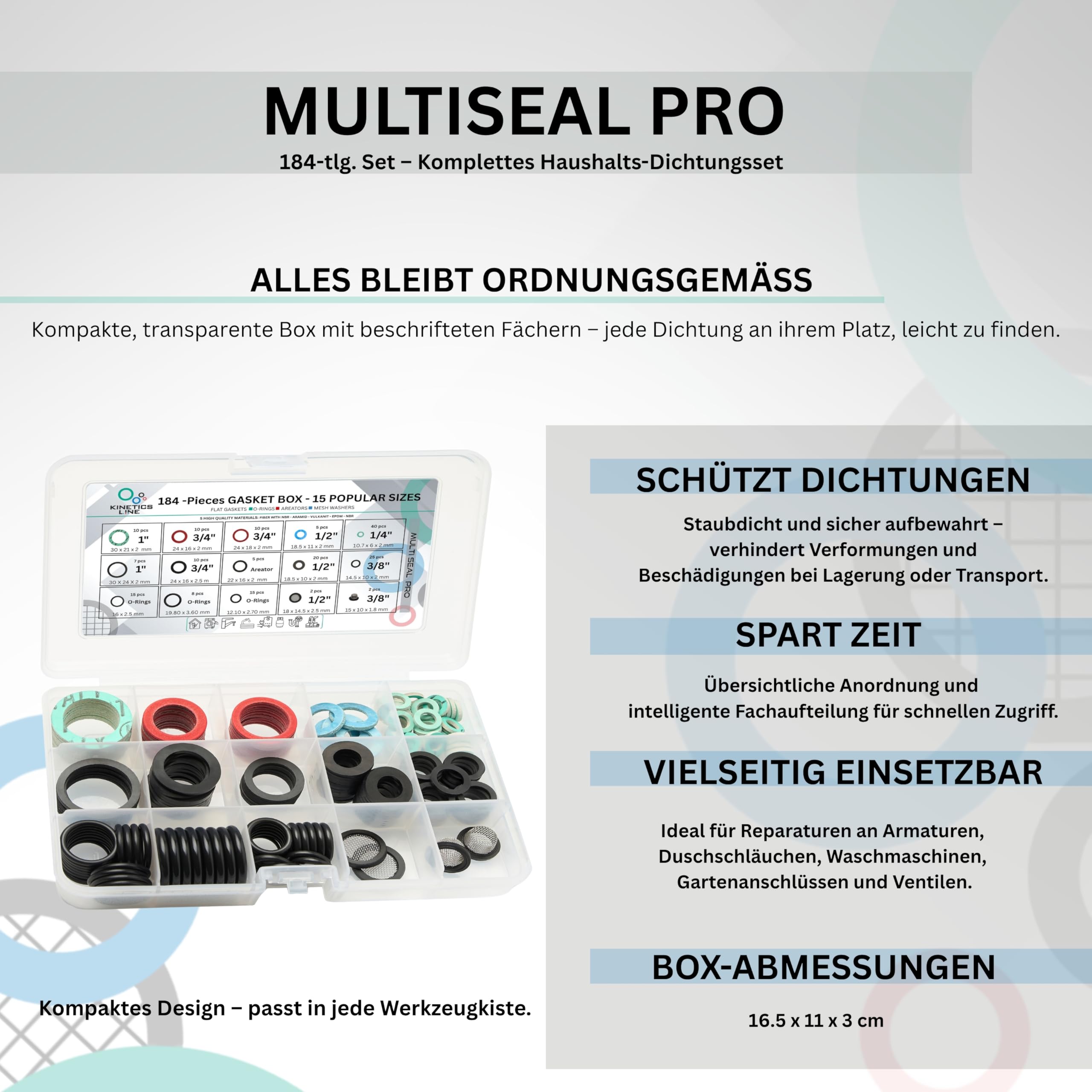 MultiSeal Box – 184-teiliges Dichtungssortiment mit 15 Gängigen Größen für Haushalt, Küche & Bad