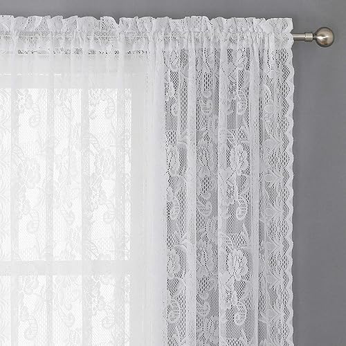 WUBODTI Cortinas de encaje blanco transparente de 84 pulgadas de largo, 2 paneles, cortinas de ventana bordadas con estampado floral vintage para