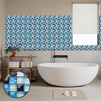 Mosaic Tile Stickers 30pcs, Waterproof Self-Adhesive PVC Vinyl Tiles Peel and Stick on Wall Tiles Transfers Decor for Kitchen Bathroom Fireplace Surround Walls Living Room(10x10cm) (Blue)
