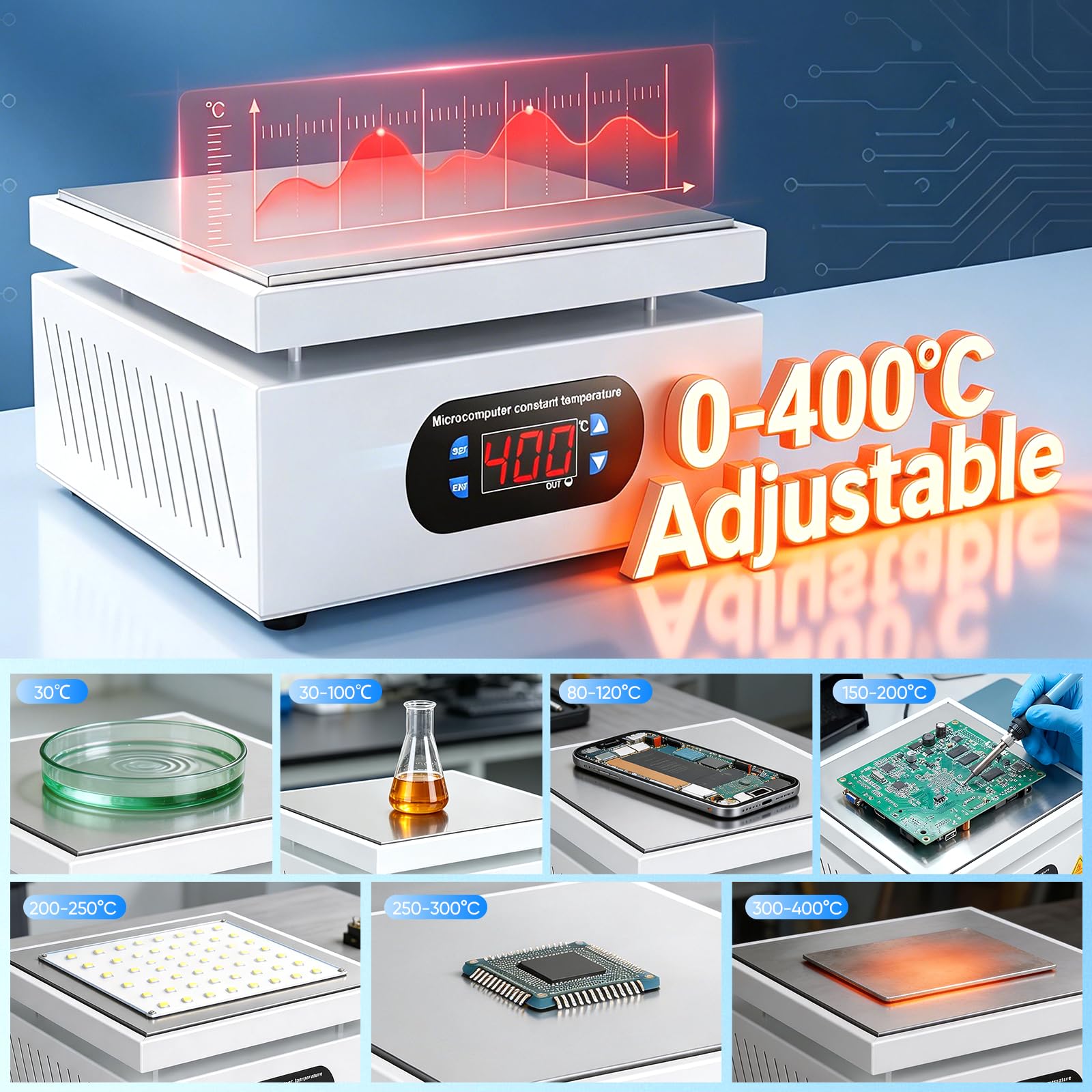 Estación de precalentamiento y placa calefactora PCB 700 W, 200 x 200 mm | Estación de calefacción PCB de 0-400 °C con LCD y aluminio para reparar móviles, tabletas y soldar placas SMD