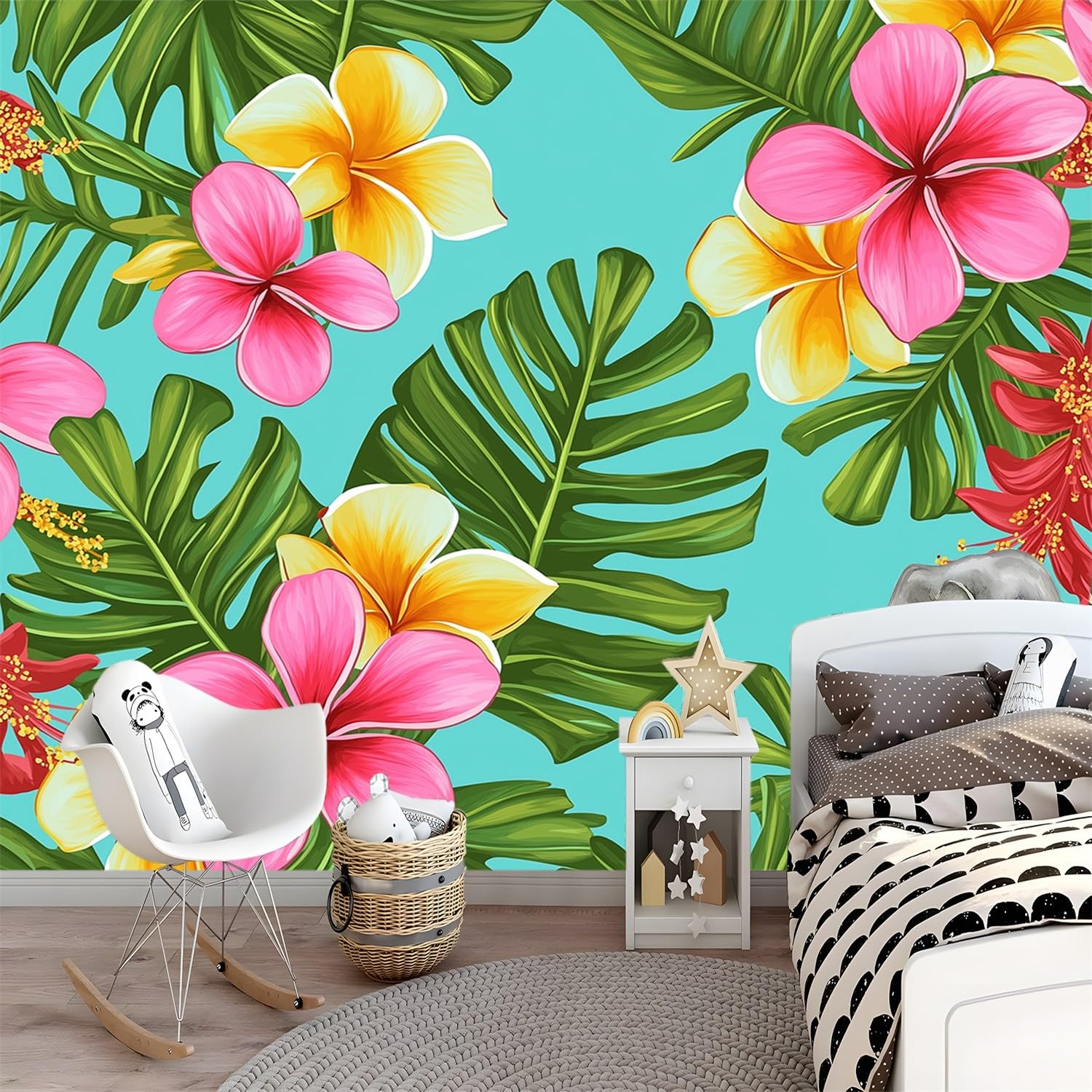 Tapeta jasnoniebieska, tapeta z włókniny, akwarela, botaniczne tropikalne kwiaty, wodoodporny papier kontaktowy do domowej szafki i dekoracji, tapeta 250 x 175 cm do salonu, sypialni, kuchni,