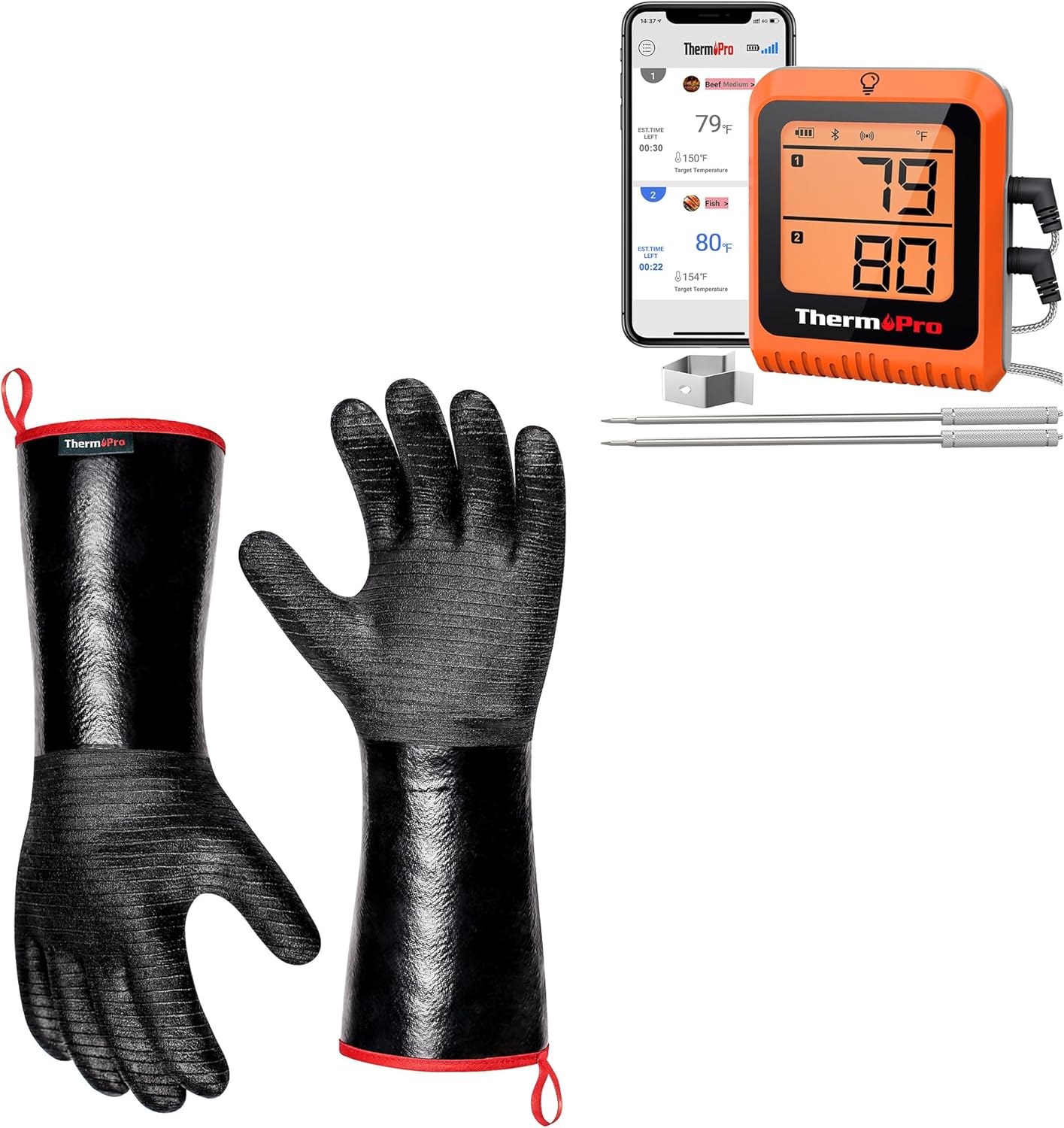 ThermoPro 650 ft Wireless Meat Thermometer Digital for Grilling and Smoking+ThermoPro 932°F Heat Resistant BBQ Gloves, 14" Waterproof Oven & Grill Gloves