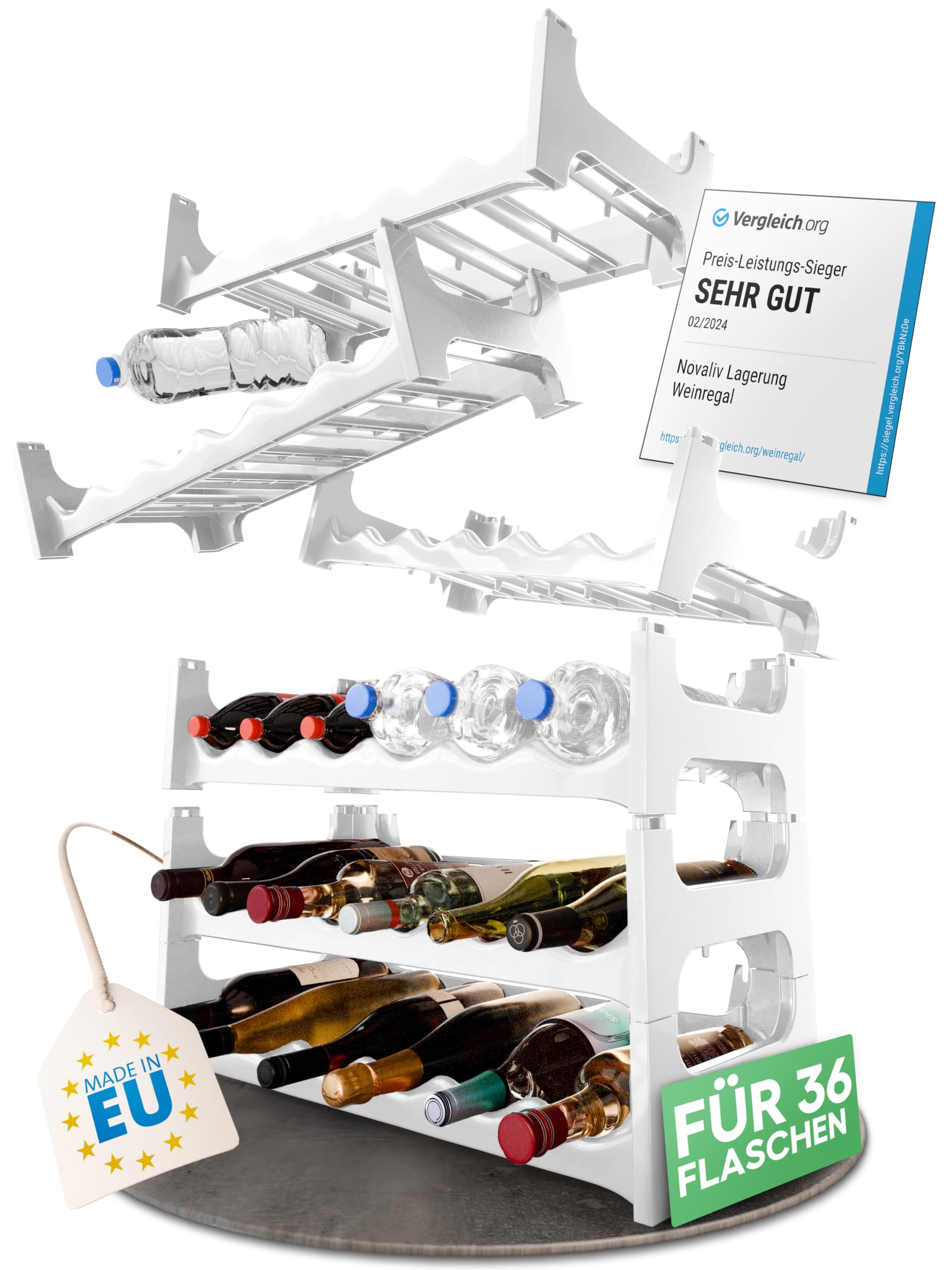 Novaliv Estantería para 36 botellas de plástico estable (blanco, 6)
