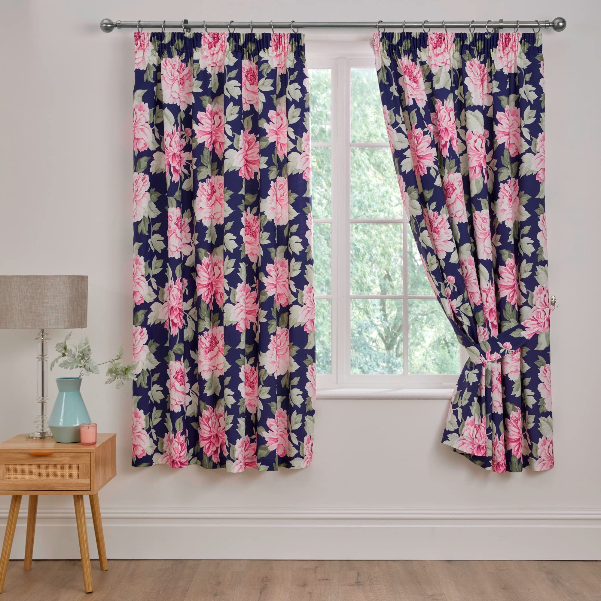 Dreams & Drapes And Design - Kirsten - Pair of Pencil Pleat Curtains With Tie-Backs - 66" Width x 72" Drop (168 x 183cm) in Pink/Blue