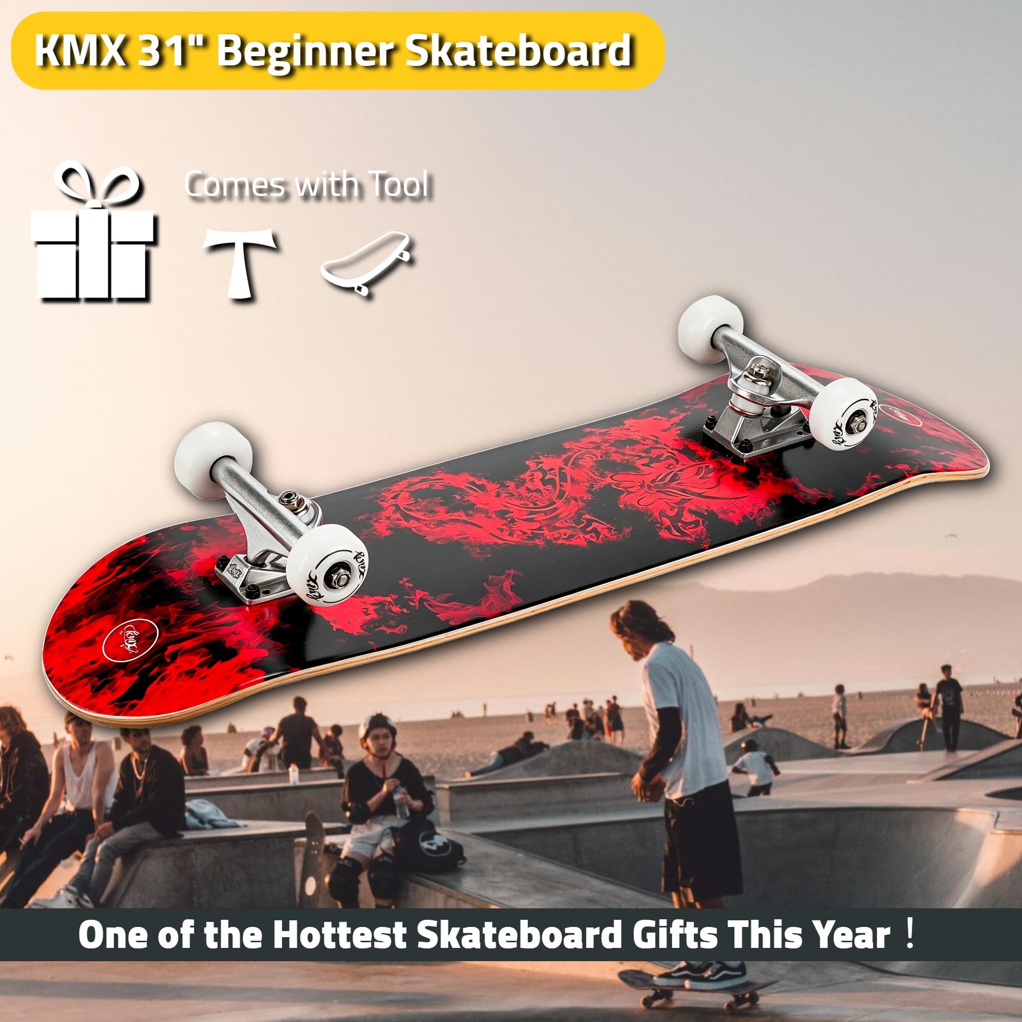 KMX Skateboard pour Débutants, Plateau Concave à Double Queue en Érable Canadien 7 Couches | Trucks en Alliage d'Alu | Skateboard Débutant pour Garçons, Filles, Adultes et Enfants