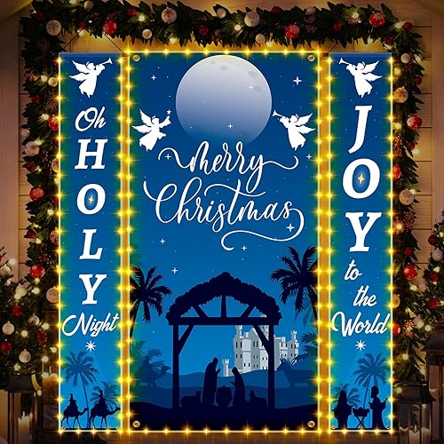 3 carteles iluminados de Navidad con luz de noche santa y alegría al mundo, pesebre al aire libre, Navidad, porche, con cadena de luces LED,