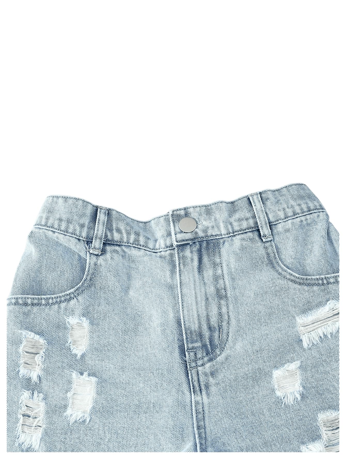 Floerns Pantaloncini da ragazza in denim strappato con orlo grezzo elastico in vita gamba dritta con tasche