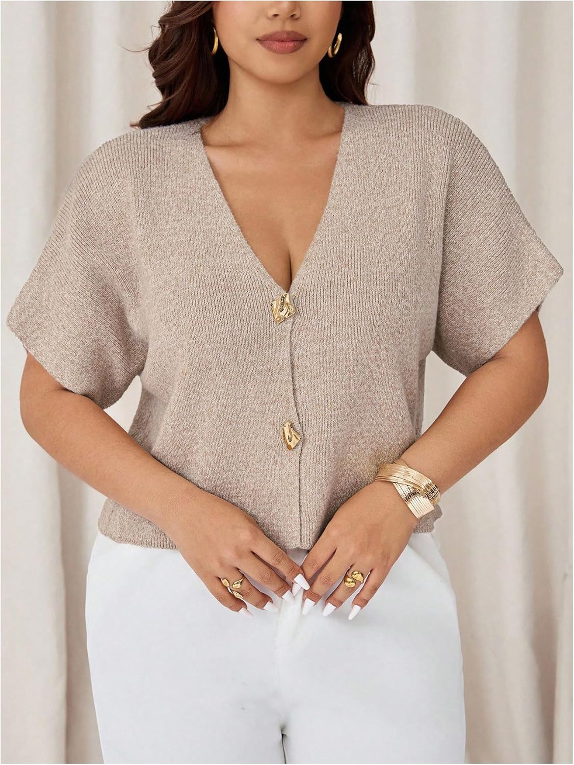 SHENHE Women's Plus Size Short Sleeve Cardigan Sweater Gold Button Up V Neck Dressy Knit Cardigan - Image 4