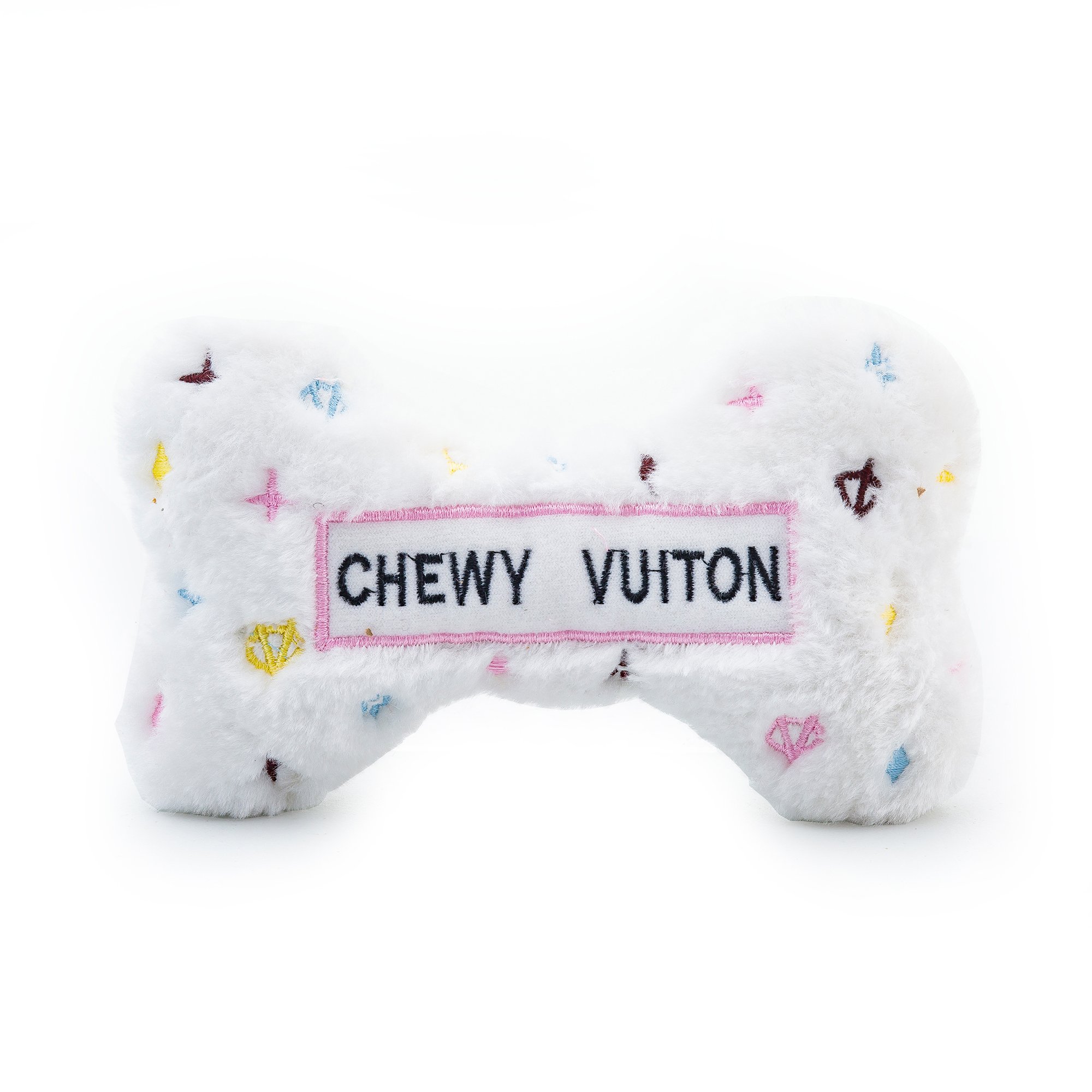 Haute Diggity Dog White Chewy Vuiton Bone, Plush Designer Dog Toys with Interactive Squeaker, Stimulating Pet Enrichment, Machine-Washable & Safe Materials for All Breeds, Size Medium