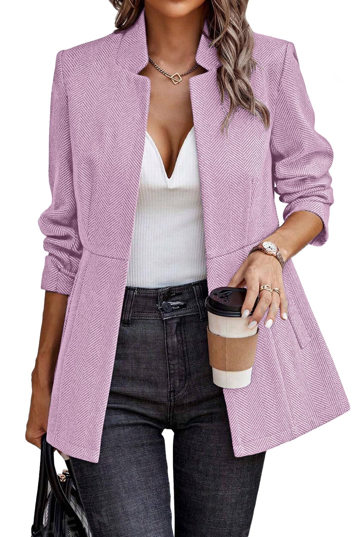 ELLEVEN Women’s Open Front Herringbone Blazer-Business Casual Long Sleeve Work Jacket with Full Lining and Padded Shoulders